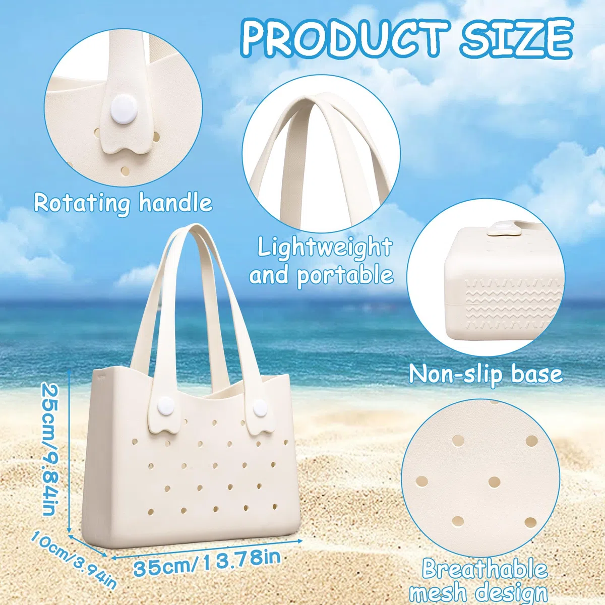 Larcenciel Strandtasche aus Gummi, wasserdichte Damen Tote Bag mit Perforiertem Design und Schultergurt, Beige Handtasche für Sommer, Reise, Pool, Boot, Arbeit, Sport, 35x27x11 cm