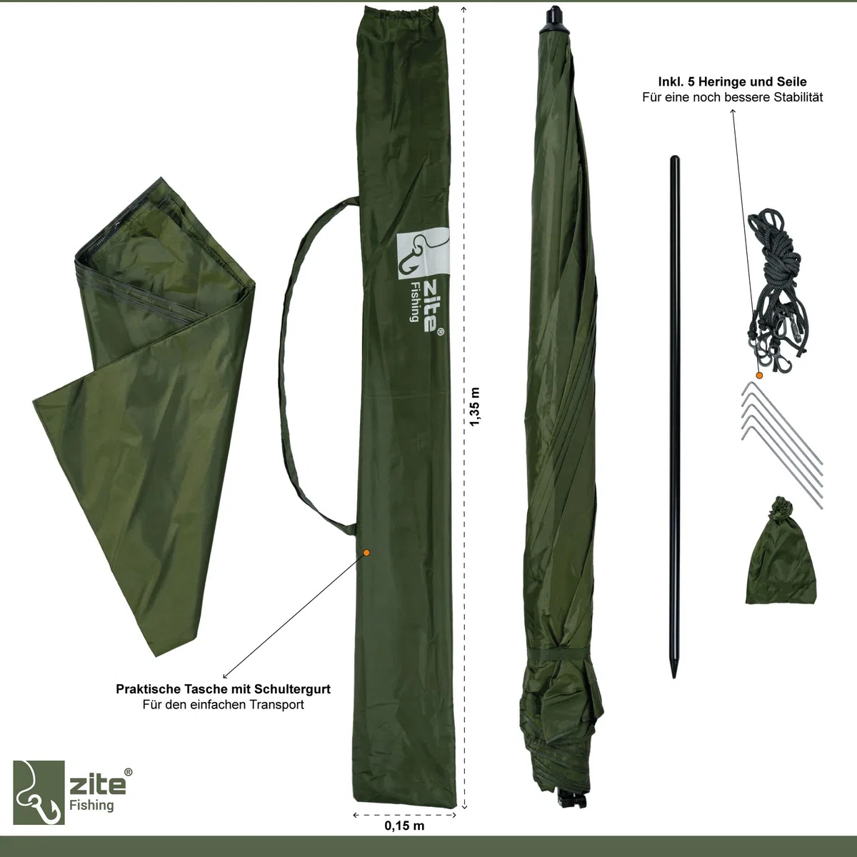 Zite Fishing Schirmzelt Set Angeln - Angel-Zelt 2,50m Wasserabweisende Beschichtung & Schirmstütze für Angelschirm mit Seitenwand, Angelschirme, Angel Schirm, Anglerschirm Schirmzelt Angeln Anglerzelt