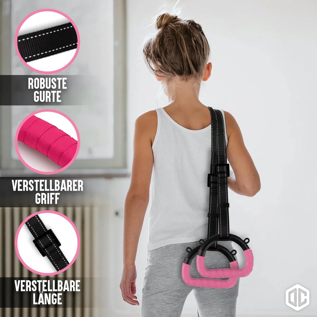 Original Cup Gym Rings Turnringe für Kinder Pink | 2 stabile Ringe mit verstellbaren Gurten (16–55 cm) | rutschfeste Bandage | Indoor & Outdoor | Aerobik