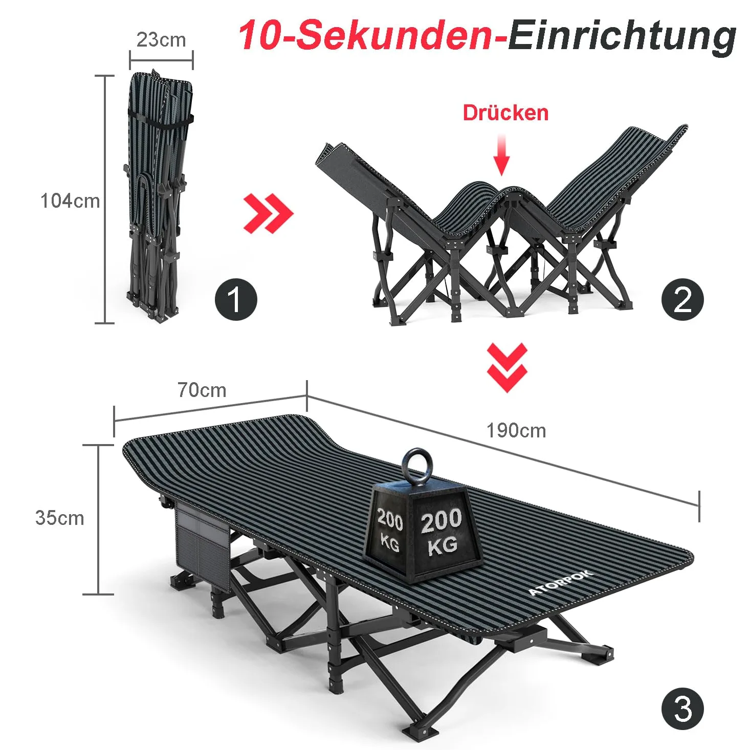 ATORPOK SHOP Campingbett feldbett klappbar, Faltbar Gästebett bis 200 kg für, Belastbar Tragbar Tasche Liege Reise Bequem