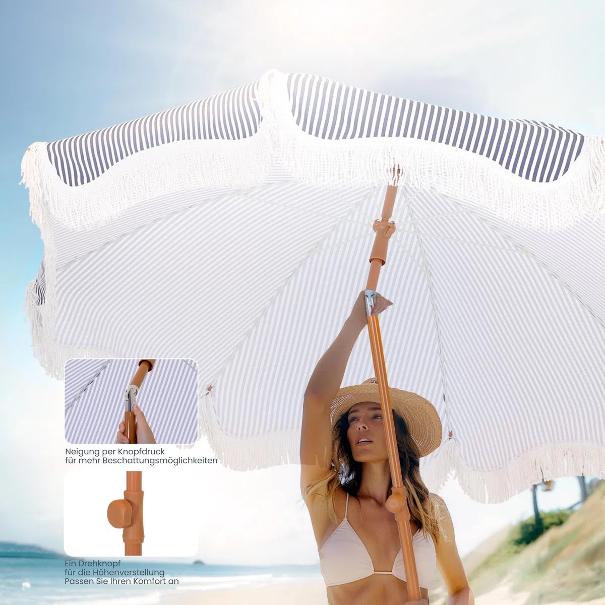 PHI VILLA Sonnenschirm Balkon Sonnenschutz 200 cm Knickbar Rund mit Fransen, Boho Strandschirm Garten Windbeständig Sonnenschirme Balkonschirm mit Erdspieß für Terrasse, UPF 50+, Blaue mit Streifen