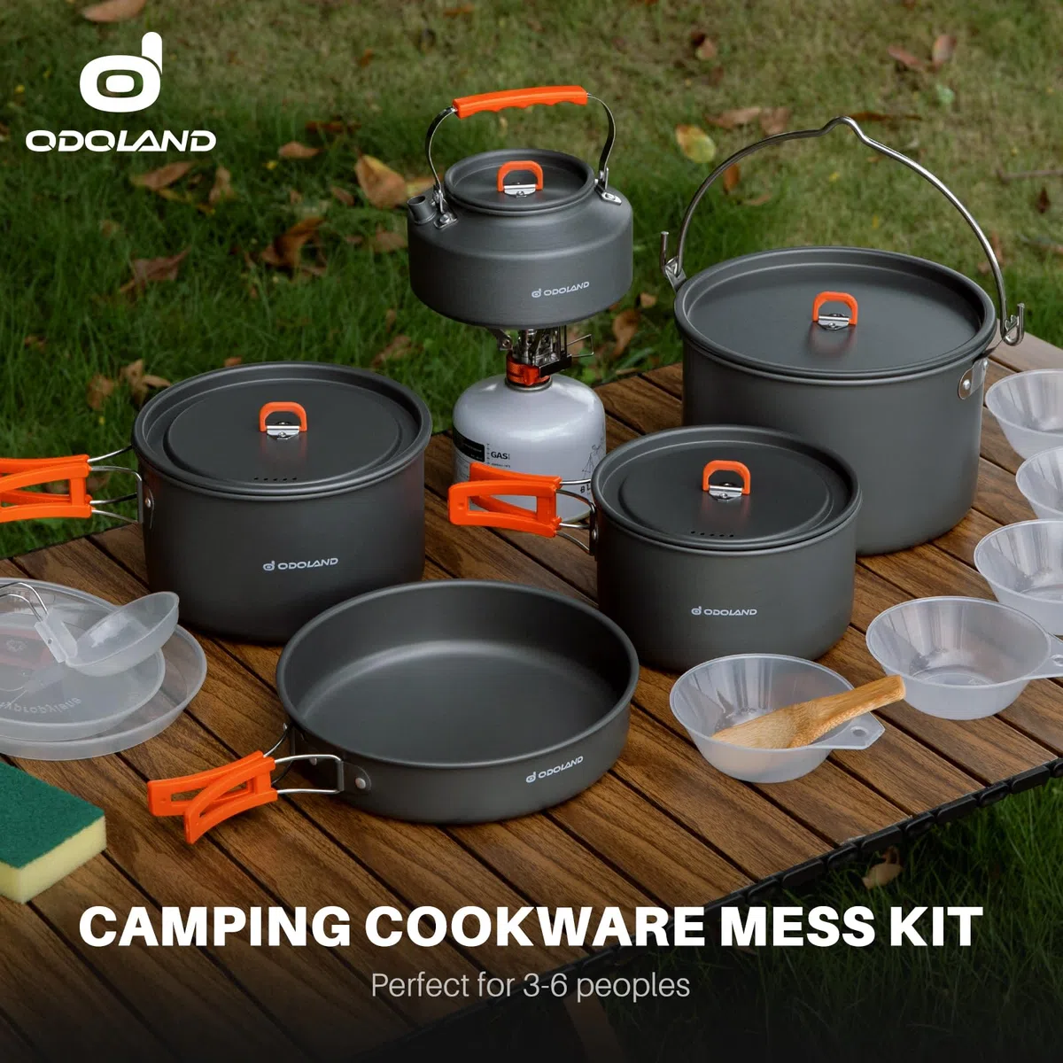 Odoland Camping Kochgeschirr Set 16 Teilig, Outdoor Geschirr Set mit 3 Topfe, Bratpfanne und Wasserkocher Camping Kochtopf Set, Kochgeschirr Aluminium für Camping,Reisen,Picknick