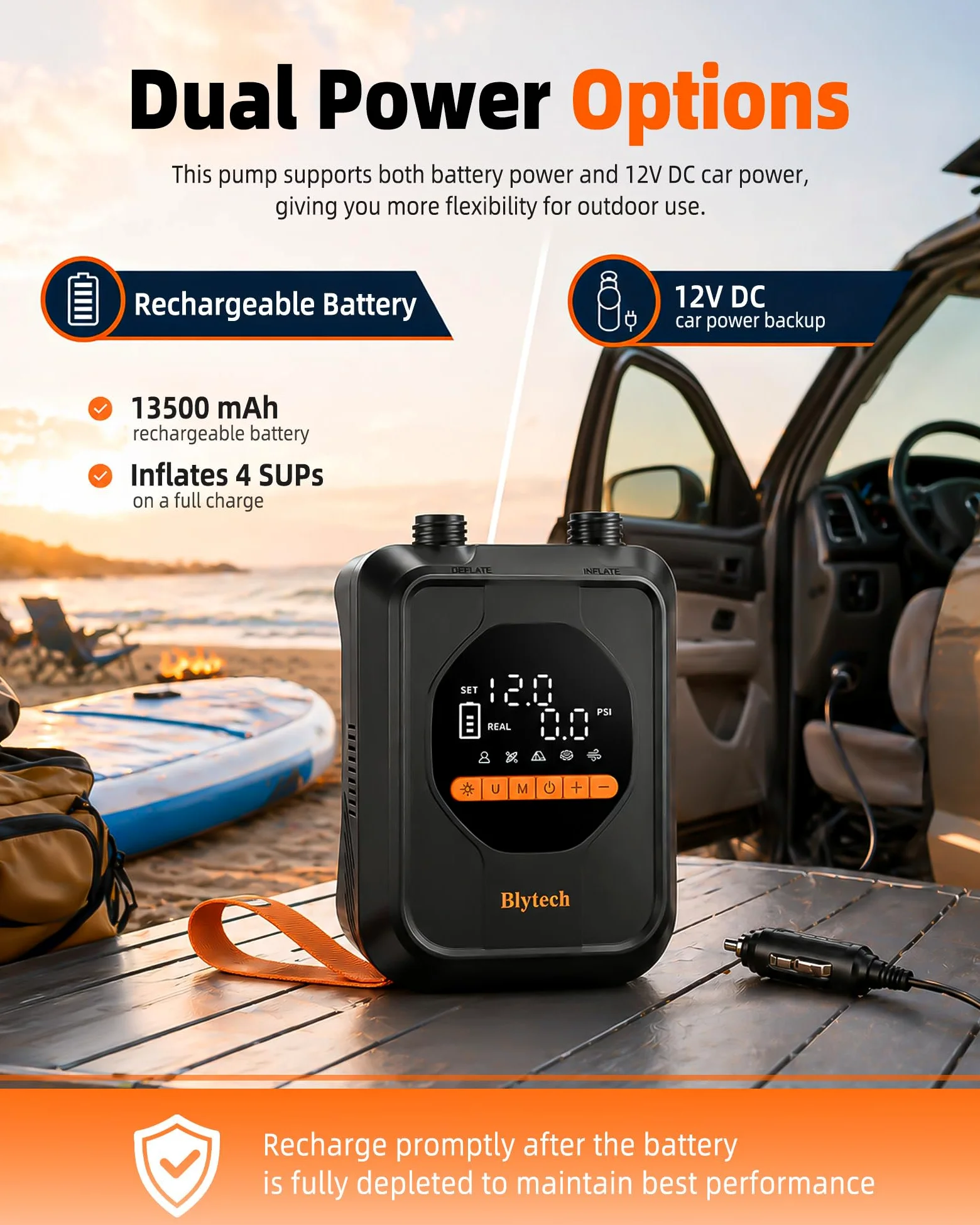 SUP Pumpe Akku 20 PSI, elektrische Luftpumpe 13500 mAh, tragbar für Paddle Board, Kajak, Zelt, Boot, Pool