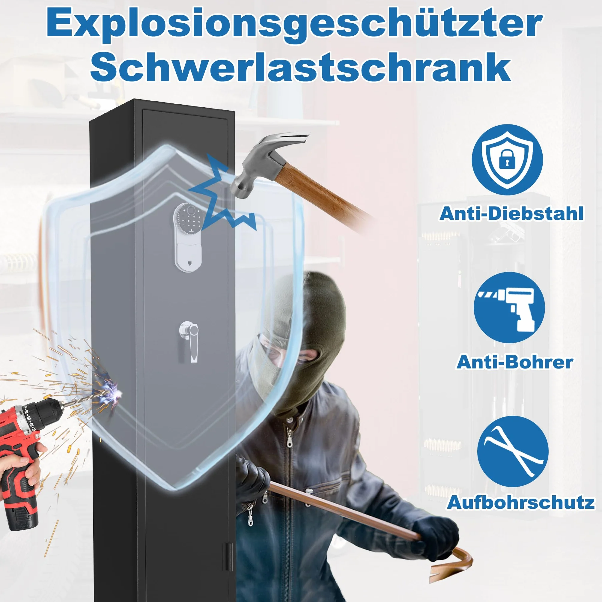 Froadp Waffenschrank Munitionsschrank aus Stahlblech Waffentresor Waffenkabinett 30x28x138cm Einstellbarer Waffenschrank Langwaffenschrank mit Schlüsselschloss & Zahlenschloss - Schwarz