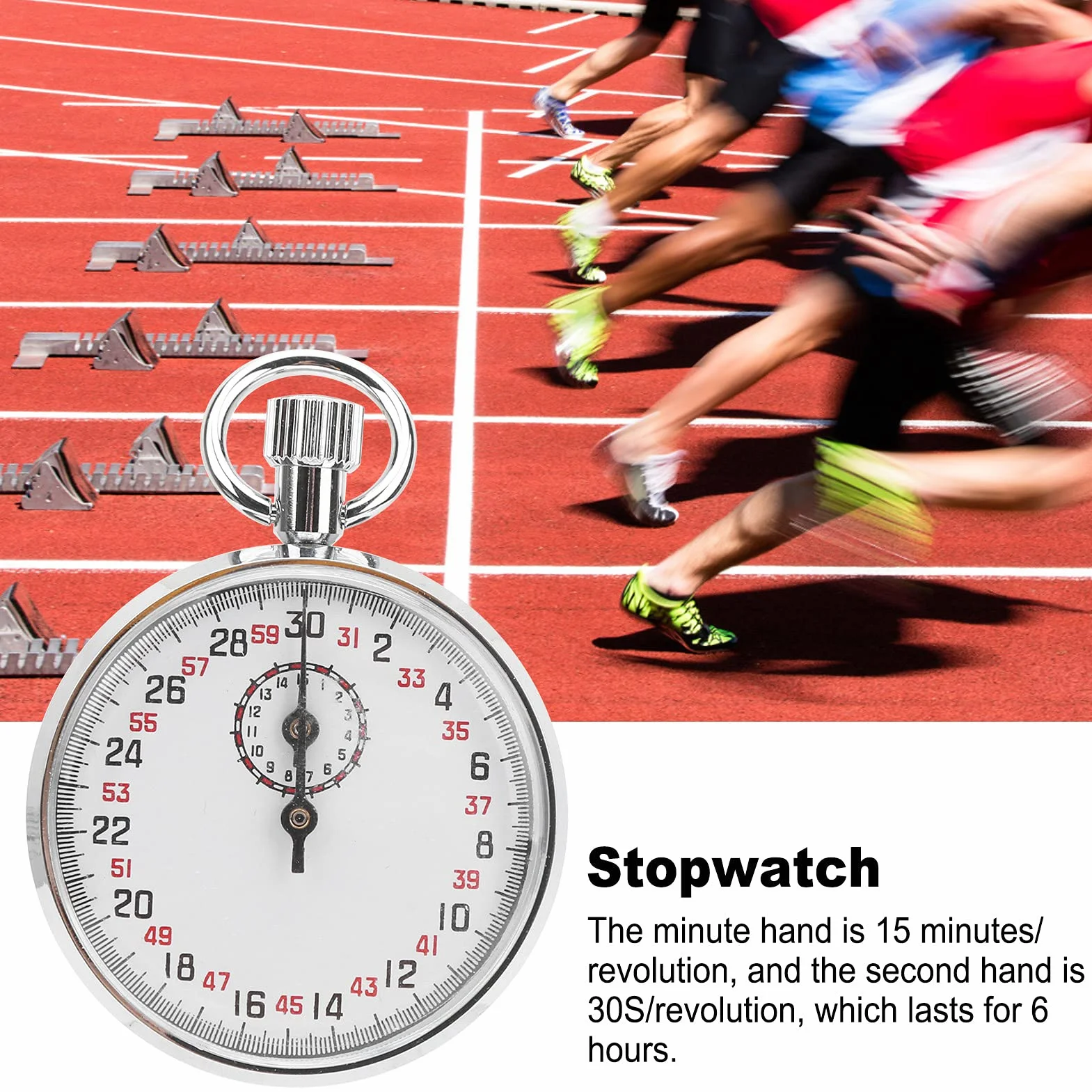 Mechanische Stoppuhr, Rund 30 S/Umdrehung 0, 1 S, Tragbarer Sport Chronograph, 6 Stunden Kontinuierliche Reise, Metallstruktur, Analoge Stoppuhr mit Aufhängeöse, für Den Physik und Sportunterricht