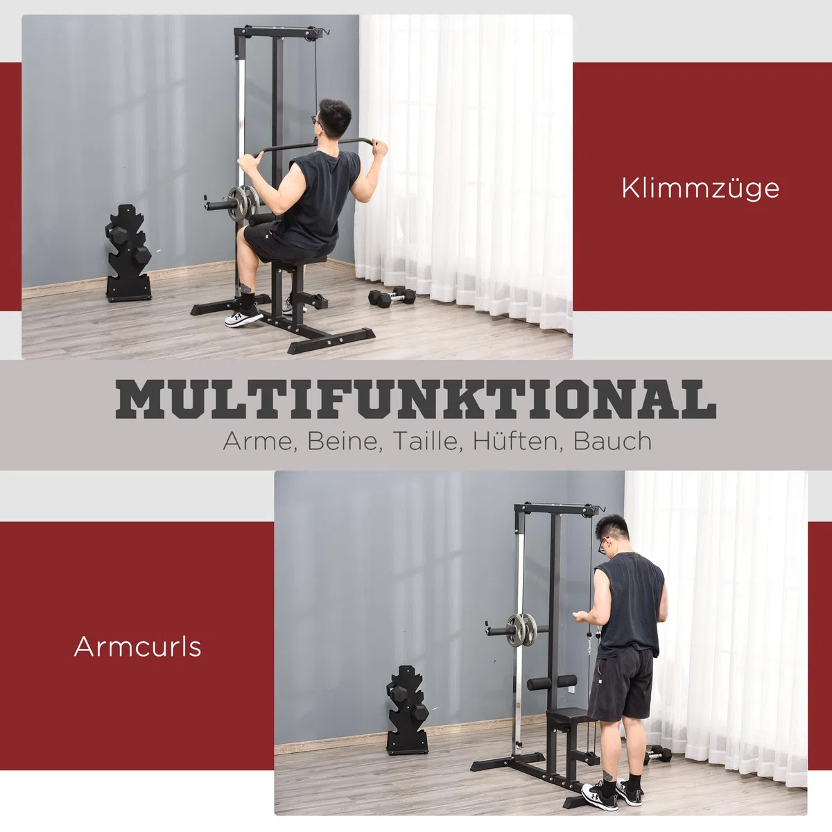 HOMCOM Latzugstation, Verstellbar Latzugturm mit Trizepsstange Latzugstange, Kabelzugstation bis 280kg Belastbar, Fitnessstation, Latzugmaschine, Latzug-Station für Zuhause Stahl Schwarz
