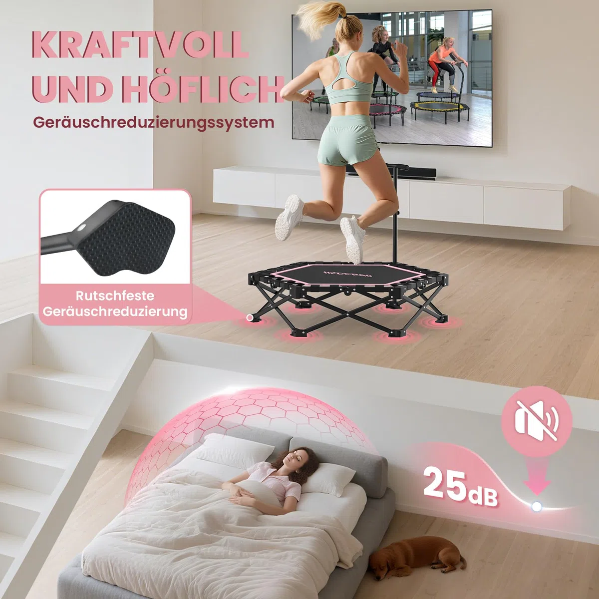 HXD-ERGO Klappbar Fitness Trampolin Erwachsene Indoor, Keine Installation erforderlich und tragbar, Durchmesser 106 cm