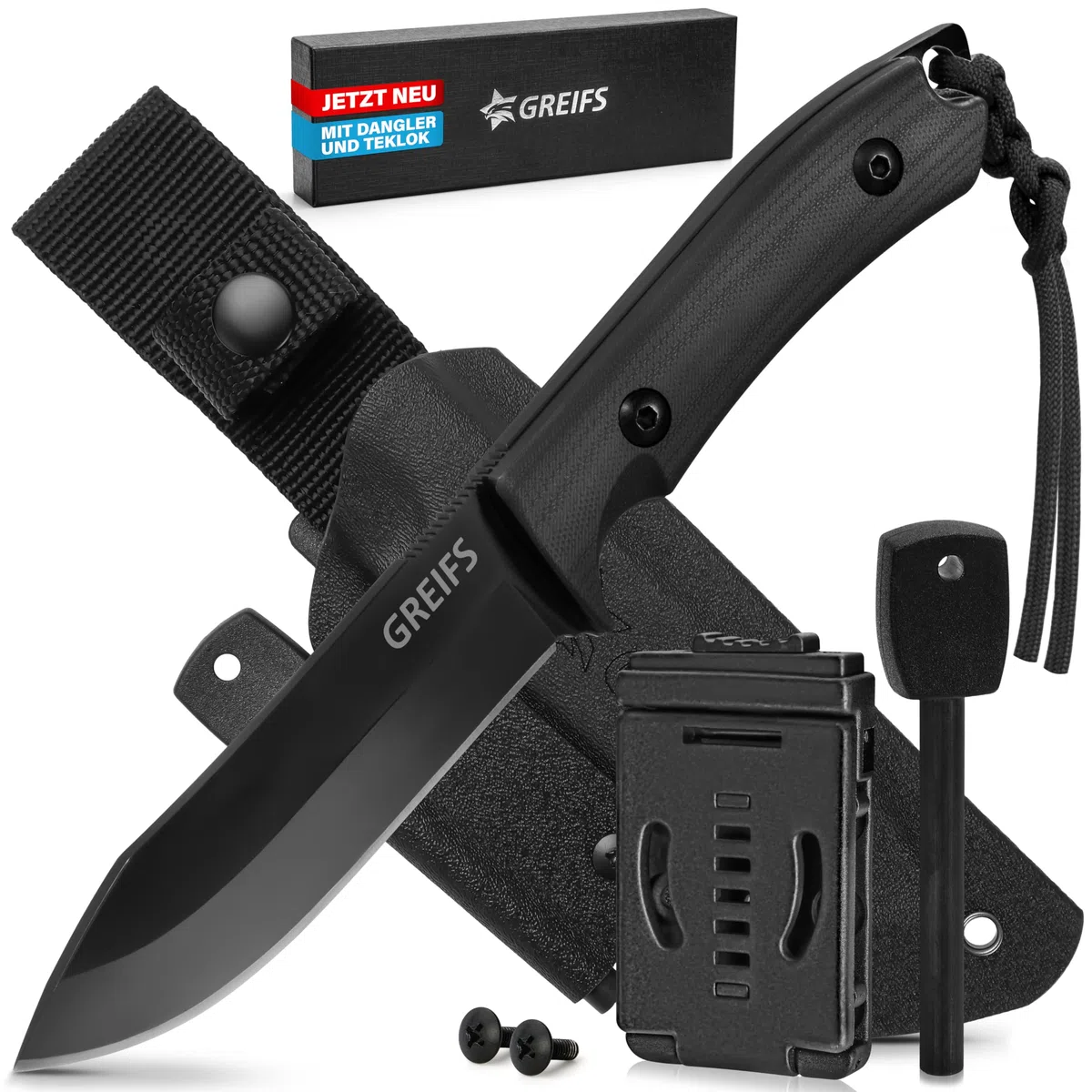 GREIFS® Outdoor-Messer aus D2 Stahl mit Kydex Holster und Feuerstahl, edles Survival Messer für die Bushcraft Ausrüstung, Jagdmesser, Schnitzmesser, Fahrtenmesser (Milan/Schwarz)