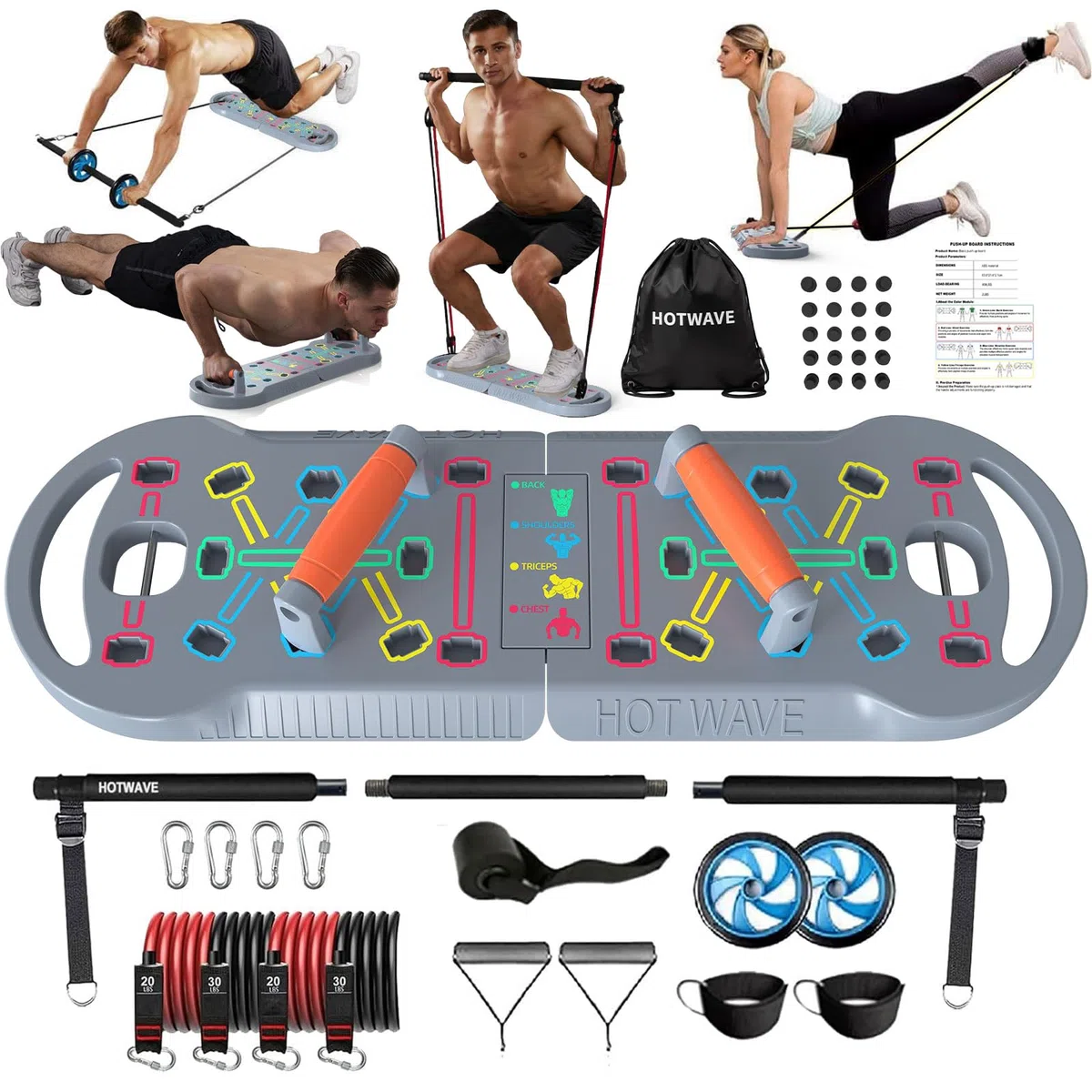 HOTWAVE Tragbares Trainingsgerät mit 16 Fitness-Zubehörteilen. 20-in-1 Liegestützbrett, Widerstandsbänder mit Bauch-Roller, Ganzkörpertraining zu Hause