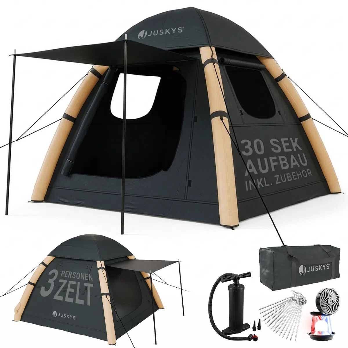 JUSKYS® Luftzelt EasyFlow M/L - aufblasbares Camping Zelt mit Vordach, wasserdicht, UV-Schutz LSF 50, inklusive LED-Lampe & Zubehör