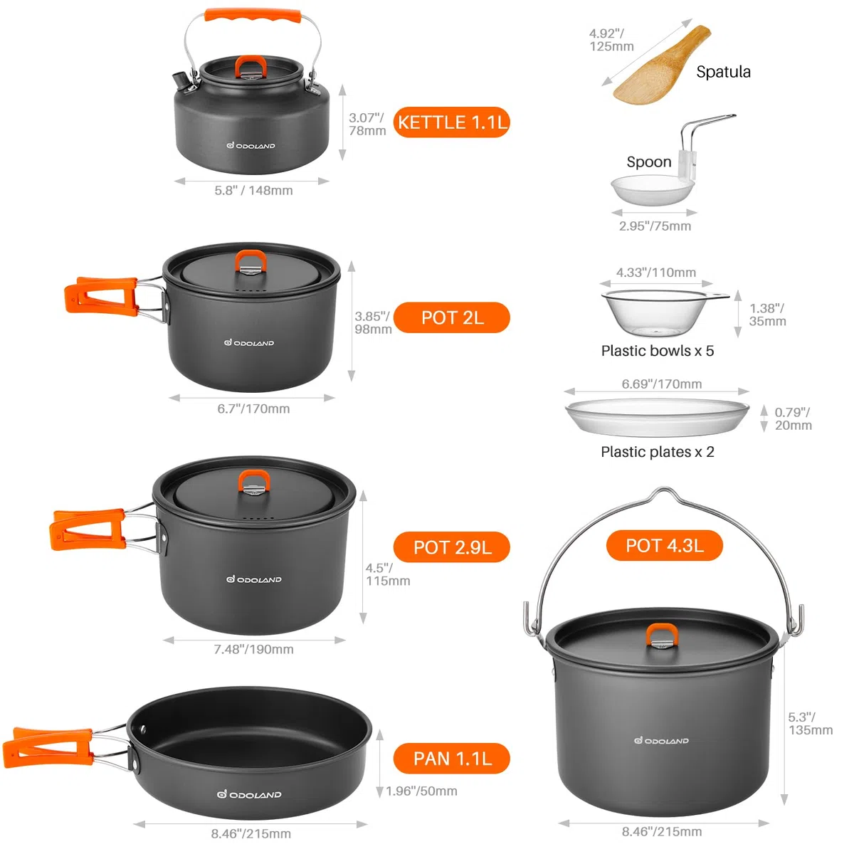 Odoland Camping Kochgeschirr Set 16 Teilig, Outdoor Geschirr Set mit 3 Topfe, Bratpfanne und Wasserkocher Camping Kochtopf Set, Kochgeschirr Aluminium für Camping,Reisen,Picknick