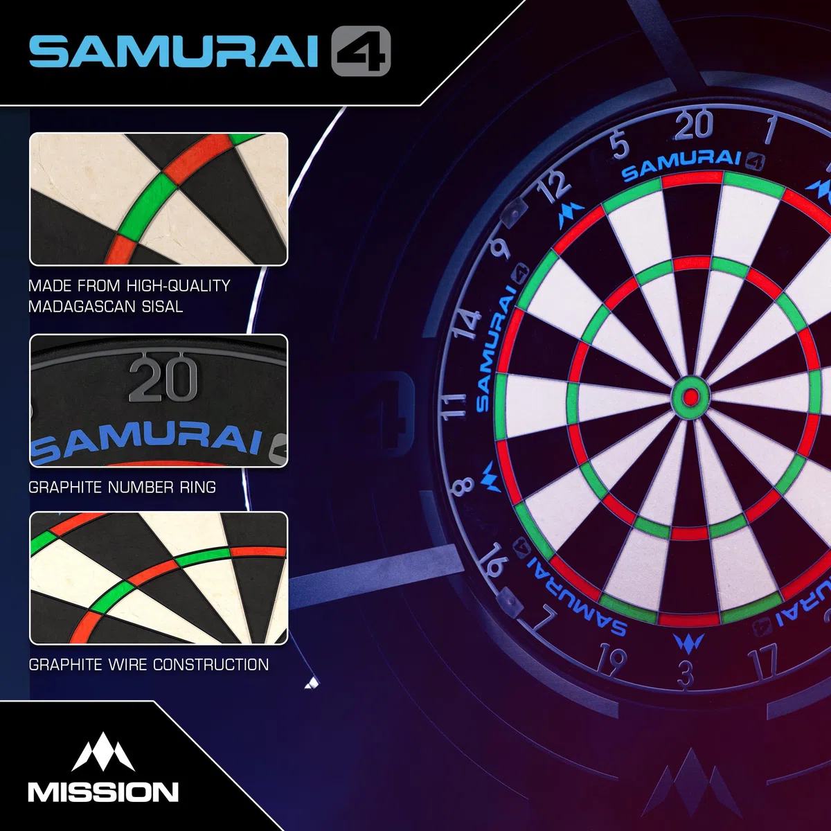 Mission Darts | Samurai 4 | Professionelle Borsten-Dartscheibe | Messerdraht | White OR Graphite Spider Edition