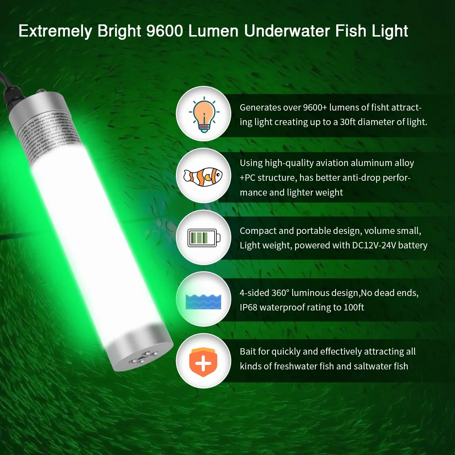 80W 9600 Lumen superhelle Fischköder Unterwasser LED Angellicht (Grün) | IP68 wasserdichte Fischattraktor lampe Fischauge Köder Licht für Boot, Meer, Eisfischen, Süßwasser und Salzwasser grünes