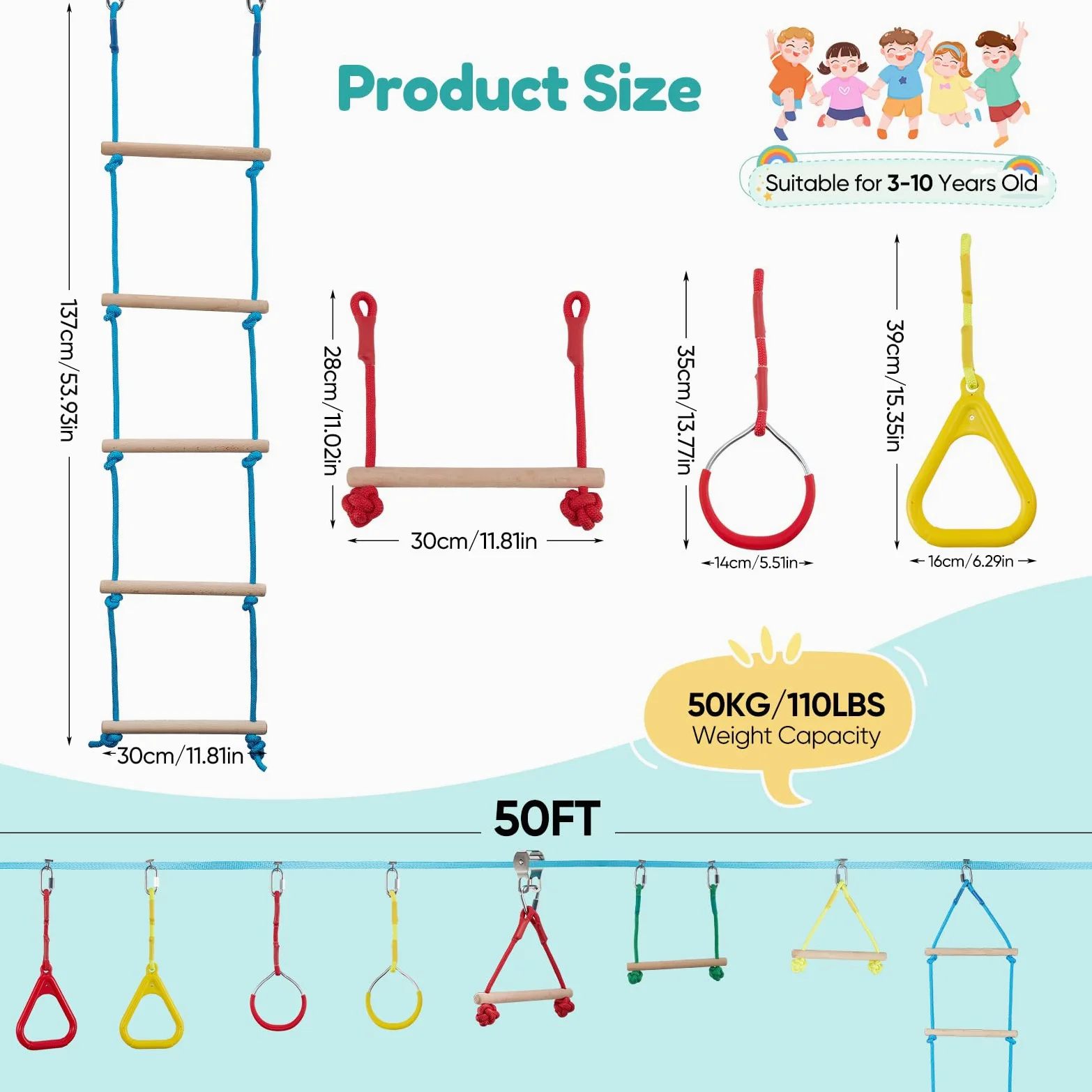 Ninja Slackline Set Kinder 15m 50FT, Outdoor Hindernisparcours mit Klettergerüst, Ringen, Seilrutsche & Baumschutz, 3–10 Jahre, 50kg