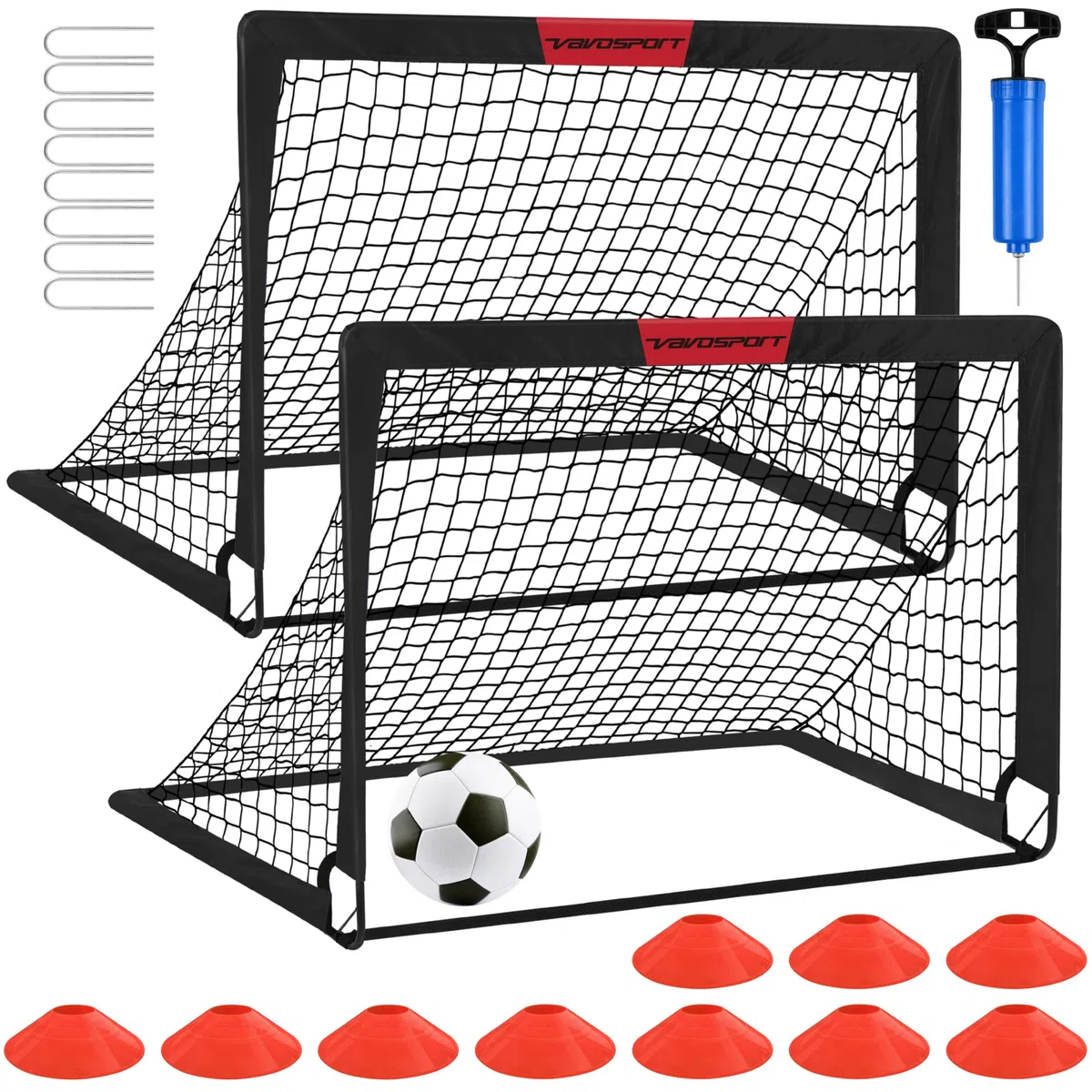 VAVOSPORT Fussballtore für Garten Kinder Tor Gate: Fußball Trainingsset mit Pop-Up 2er Set faltbar für Indoor/Outdoor Spiele für Kinder | Inklusive Fußball Größe 3 Hütchen 10 und Ballpumpe