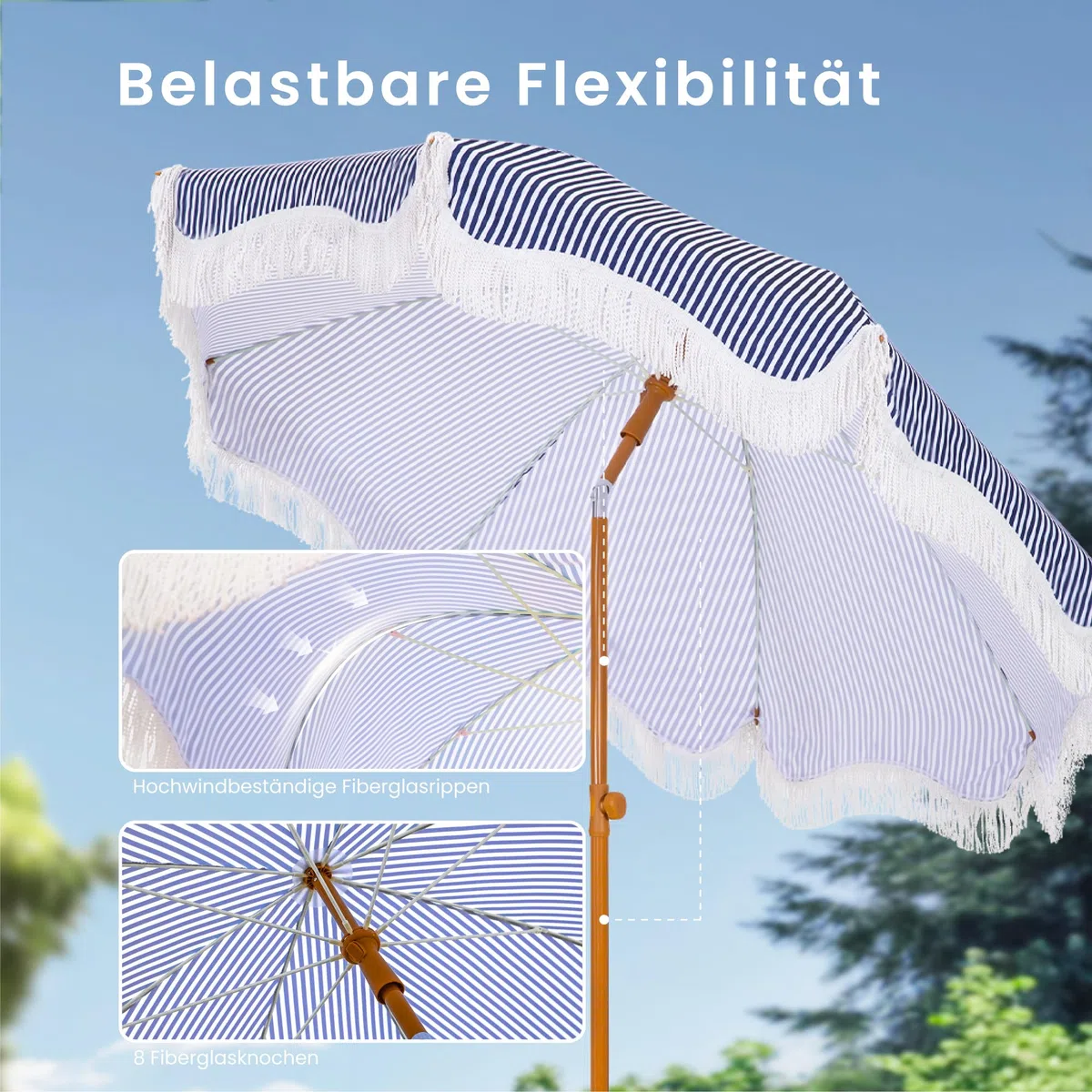 PHI VILLA Sonnenschirm Balkon Sonnenschutz 200 cm Knickbar Rund mit Fransen, Boho Strandschirm Garten Windbeständig Sonnenschirme Balkonschirm mit Erdspieß für Terrasse, UPF 50+, Blaue mit Streifen