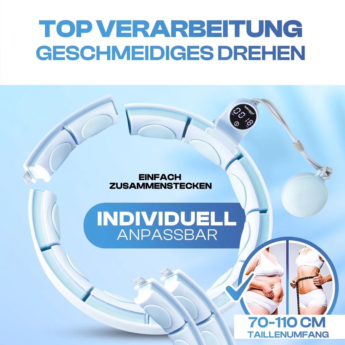 Wellrelaxx Smart Hula Hoop Testsieger leise und drehfreudig mit Zähler | Hula Hoop mit Gewicht Kugel | Hullahub Reifen zum Abnehmen für Training mit Spaß | Umfang 70-110cm