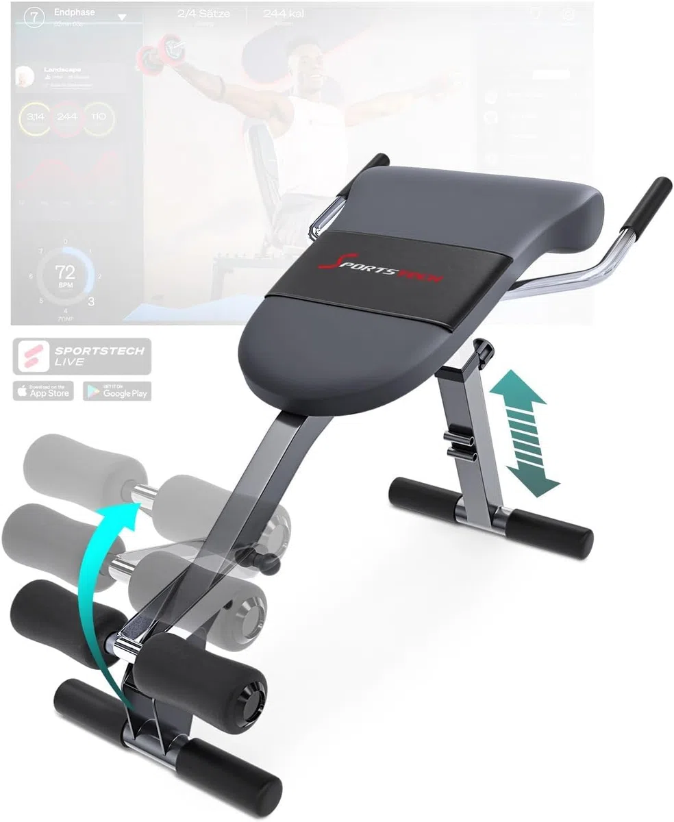Sportstech Klappbare & verstellbare 3in1 Hantelbank für Zuhause – Bauchtrainer, Rückentrainer & Beincurler | Optimal für ein effizientes und effektives Home Gym Workout bis 130kg | BRT200
