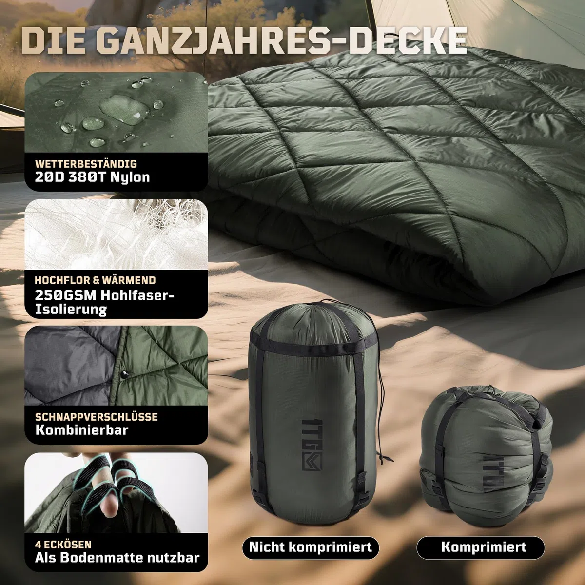 1TG Tactical Camping Decke, Outdoor Decke Ultraleicht,Campingdecke Wasserabweisend Kompakt für Wandern, Auto, Angeln, Camping, Büro (M -190x132CM L-158x208CM)