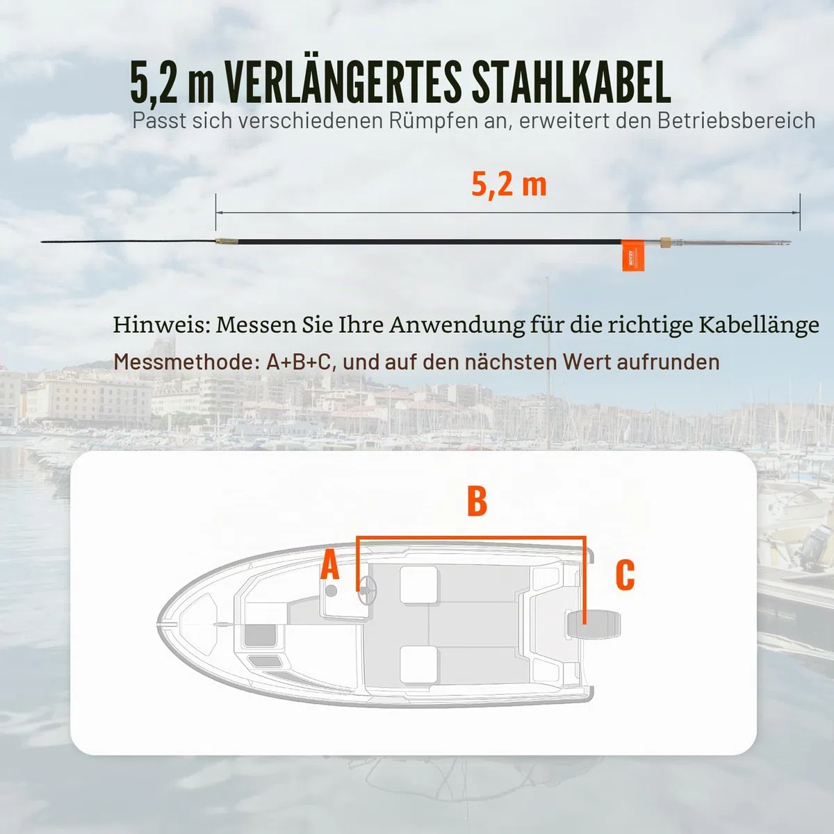 VEVOR Bootslenkkabel, 520 cm Außenbord-Marine-Drehlenkkabel, 500 kg Hohe Zugfestigkeit, Stahllenkradkabel, Kompatibel mit den Meisten Einzelstations-Außenbordsteuersystemen Schwarz
