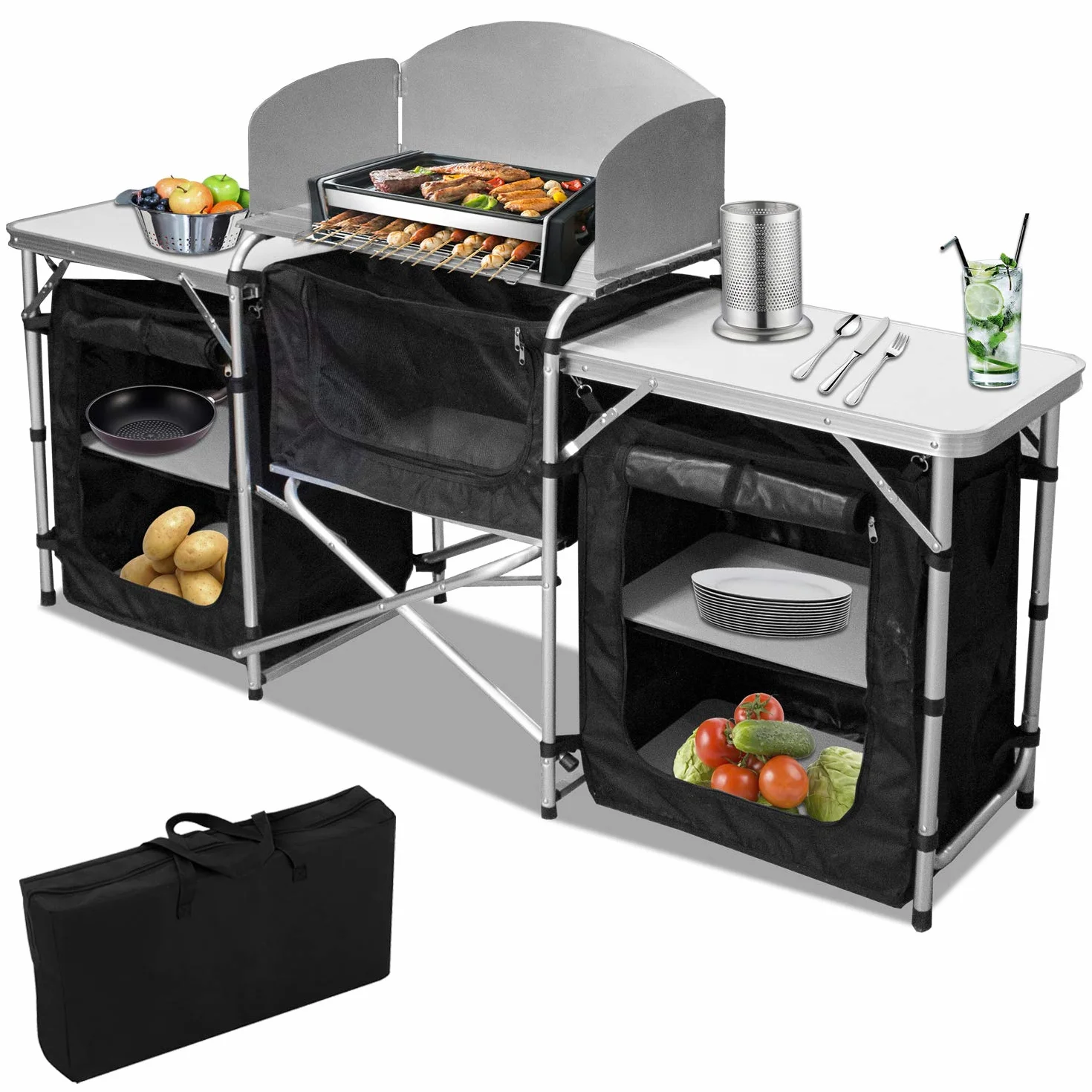 Campingküche mit Aluminiumgestell| Outdoor Camping Küche| Reiseküche| Zeltschrank| Küchenbox