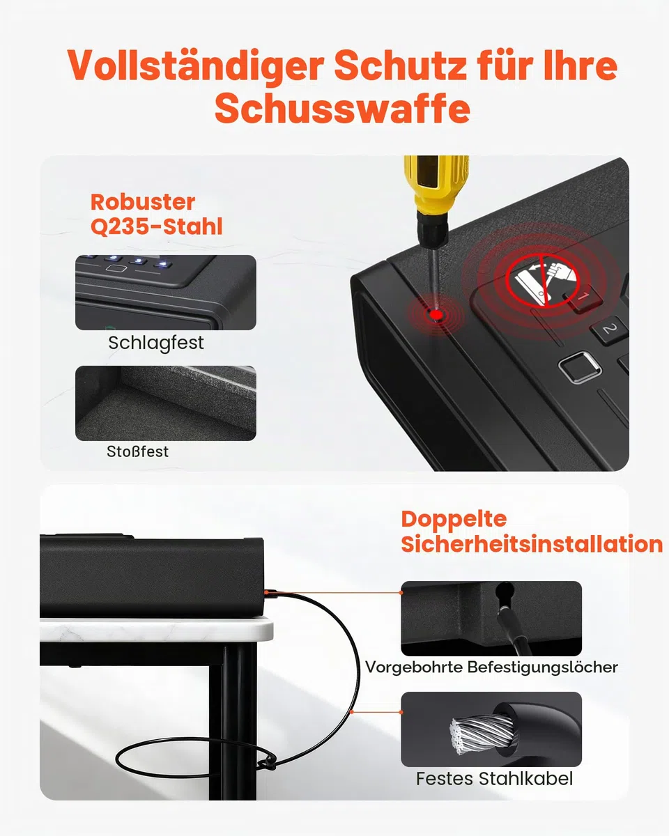VEVOR Waffentresor Pistolentresor mit Fingerabdruck/Passwort/Schlüssel & 3-Wege-Schnellzugriffsschublade, Pistolensafe mit Bildschirm für 2 Pistolen und Magazine, kabelloses Laden, Schwarz