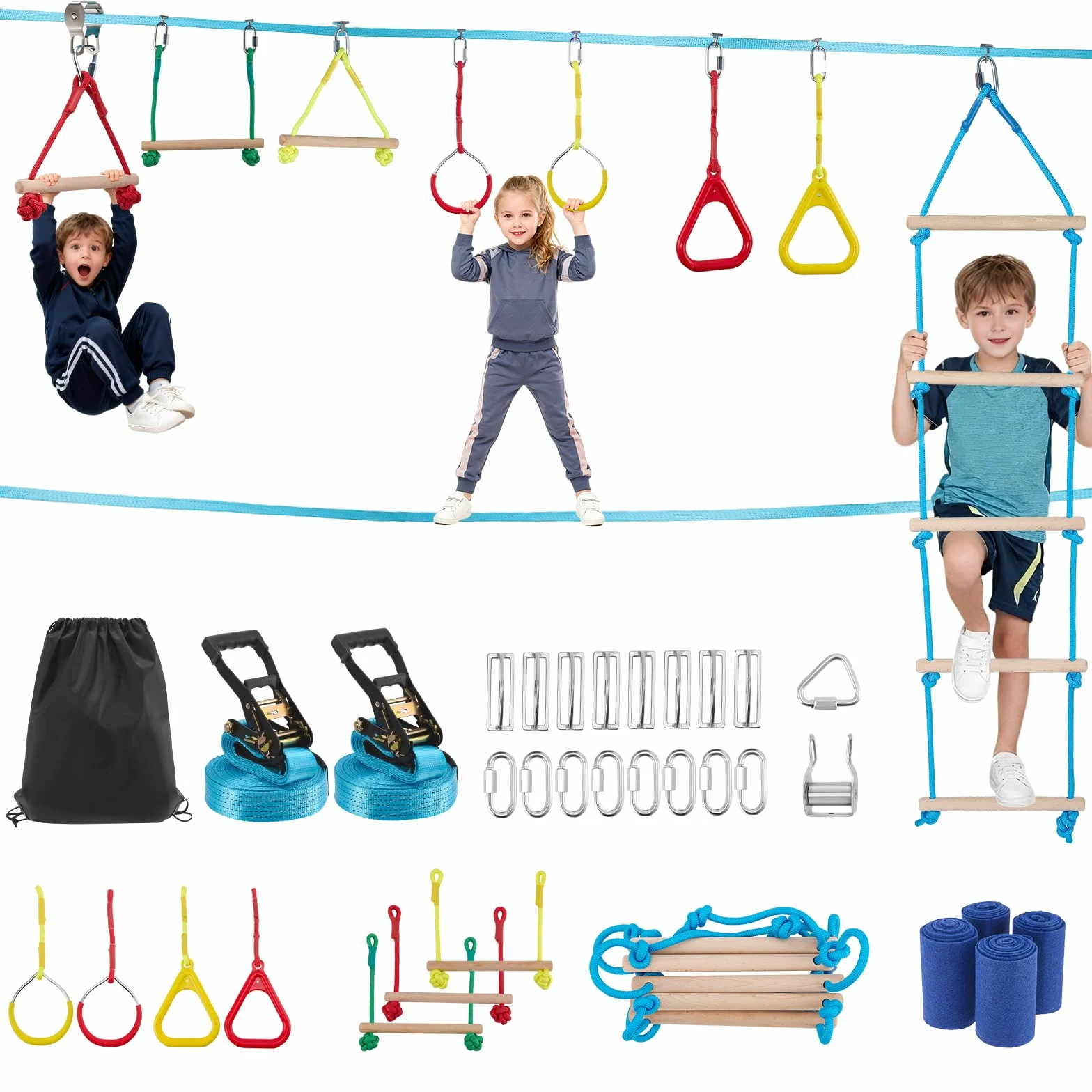 Ninja Slackline Set Kinder 15m 50FT, Outdoor Hindernisparcours mit Klettergerüst, Ringen, Seilrutsche & Baumschutz, 3–10 Jahre, 50kg
