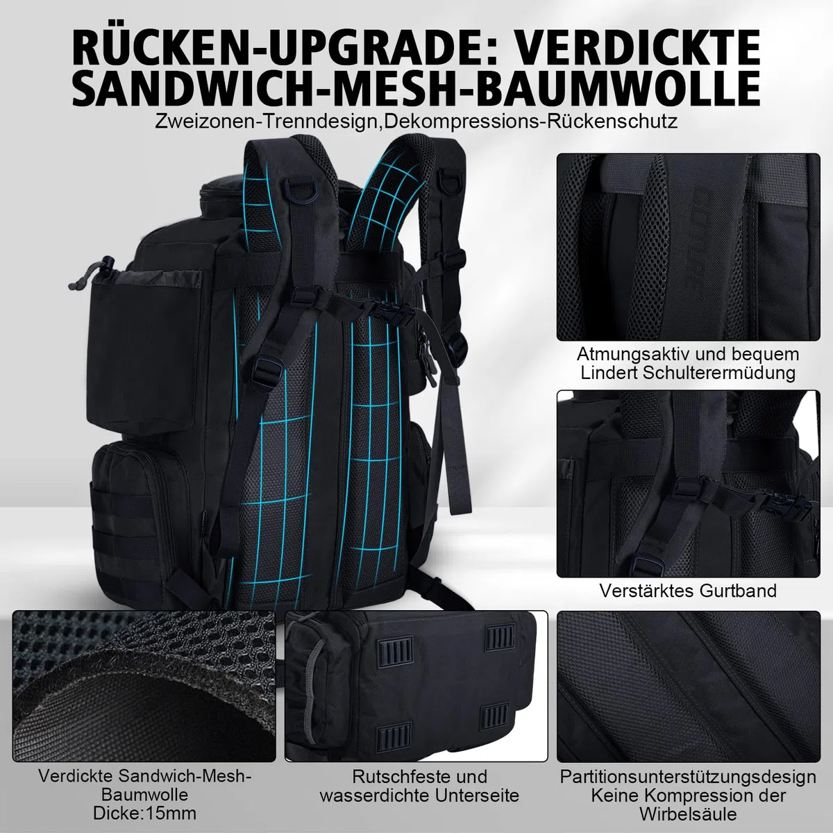Goture Angelrucksack mit 4 Köderbox Angeln, 45-Liter Angelzubehör-Rucksack mit Zwei Rutenhaltern und Regenschutz, 900D Oxford-Gewebe Wasserabweisende Angelgerätetasche mit verstellbarem Fach