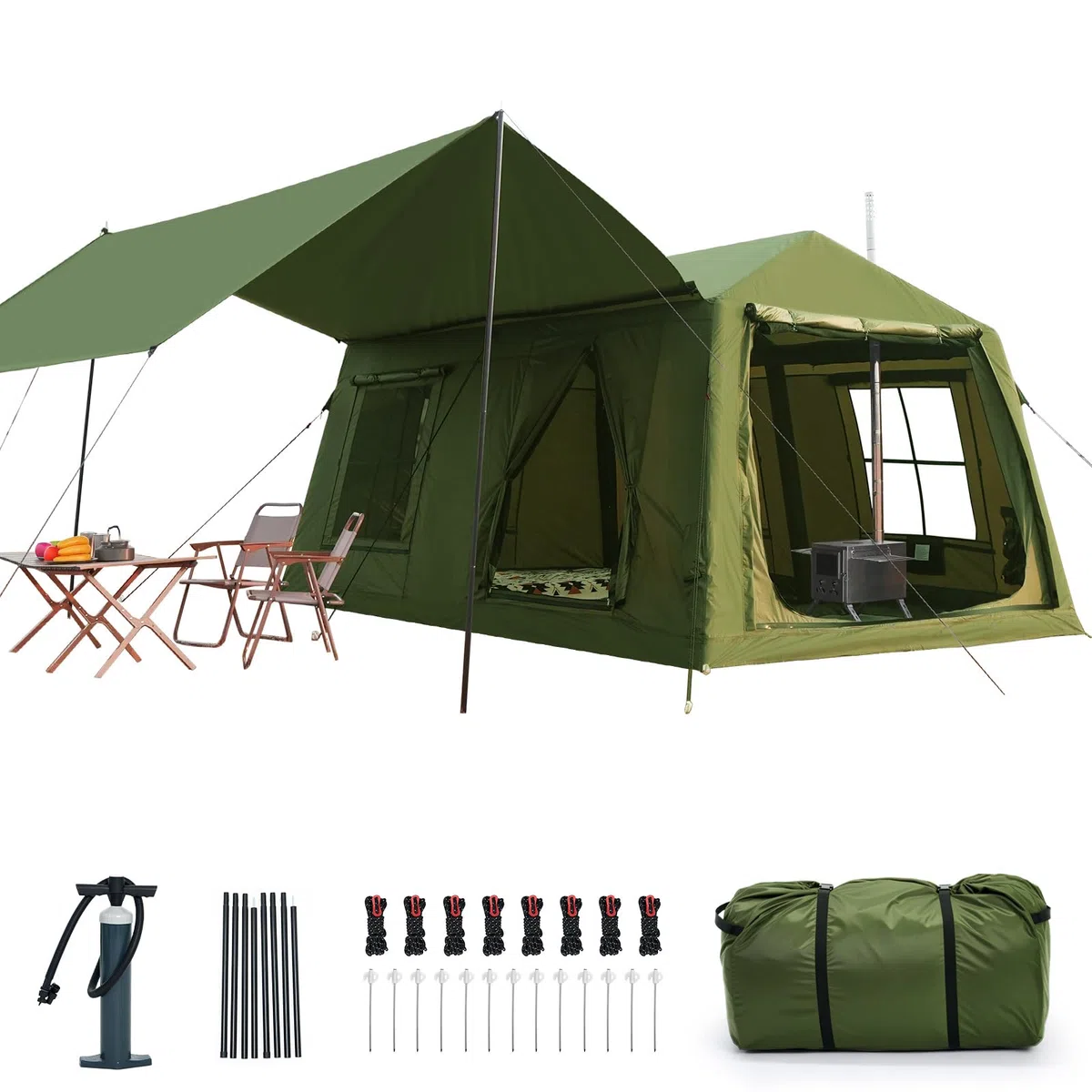 Ytaoeo Aufblasbares Zelt für 8-10 Personen Outdoor Camping Zelt mit Kaminöffnung Vordach Aufblasbares Campingzelt aus Wasserdichtem Oxford-Stoff Air Glamping Zelte