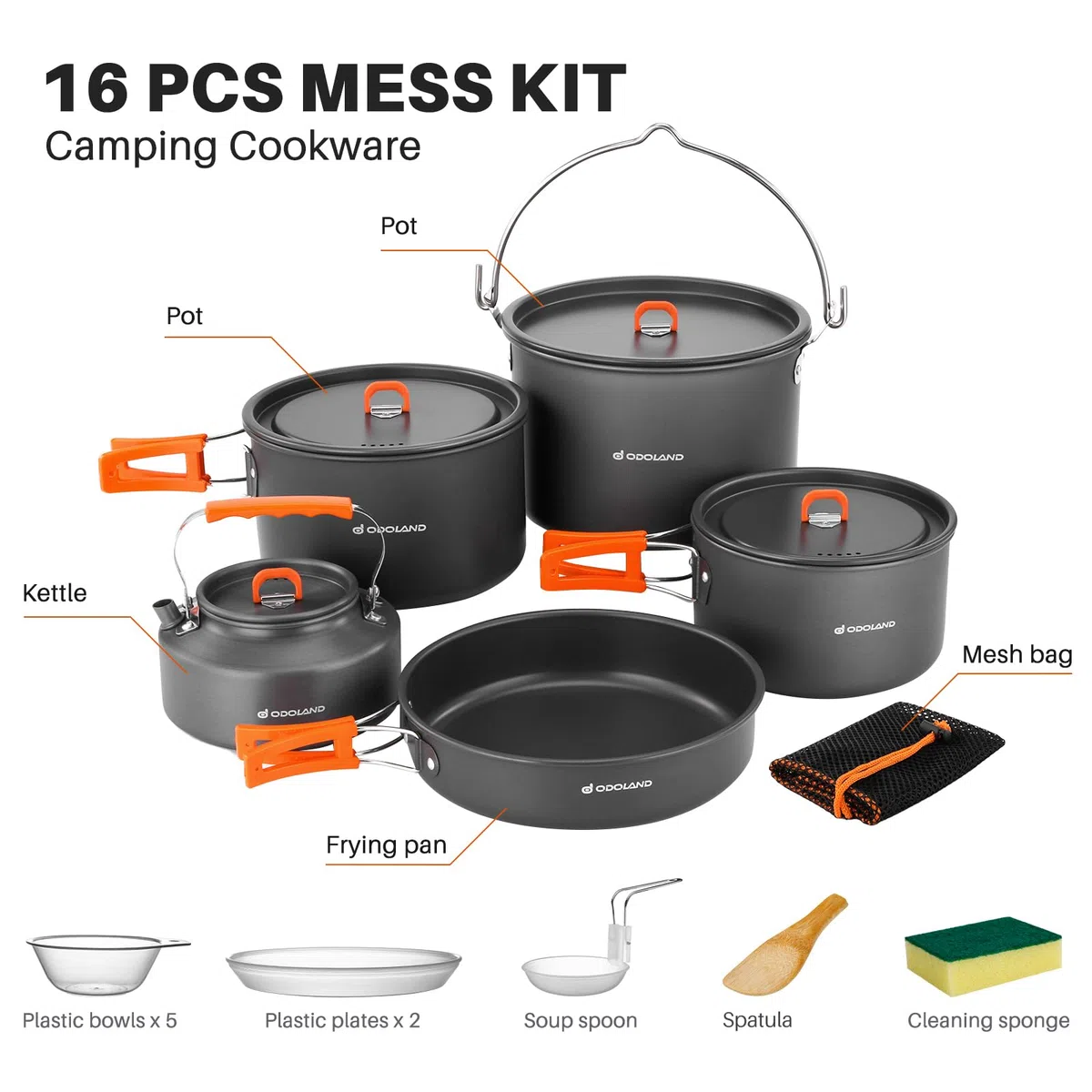 Odoland Camping Kochgeschirr Set 16 Teilig, Outdoor Geschirr Set mit 3 Topfe, Bratpfanne und Wasserkocher Camping Kochtopf Set, Kochgeschirr Aluminium für Camping,Reisen,Picknick