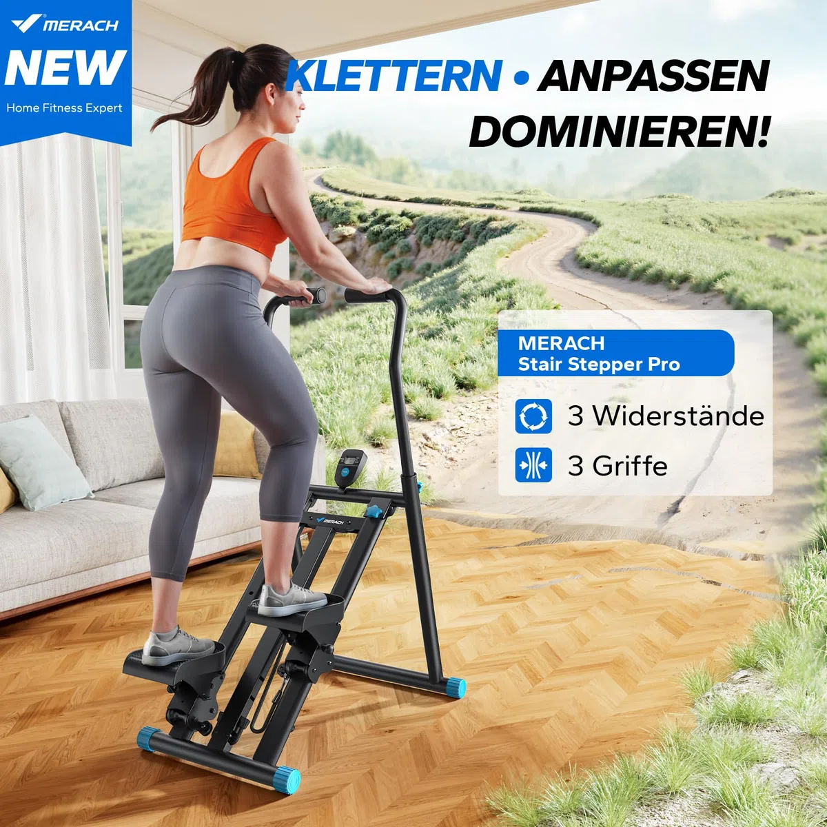 MERACH 2025 Stair Stepper Pro,Stairmaster für Zuhause mit Einstellbarem 3 Stufen Widerstand,Folding Cardio Vertical Climber Maschine Treppenmeister mit Verstellbare Lenker für Home Büro Fitnessgerät