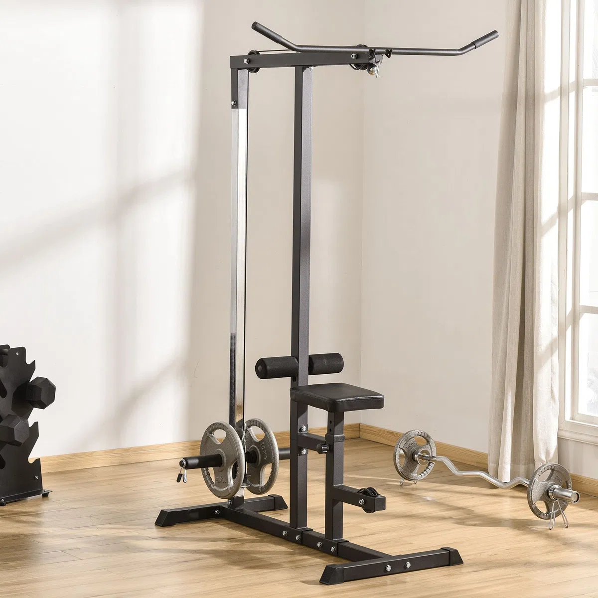 HOMCOM Latzugstation, Verstellbar Latzugturm mit Trizepsstange Latzugstange, Kabelzugstation bis 280kg Belastbar, Fitnessstation, Latzugmaschine, Latzug-Station für Zuhause Stahl Schwarz