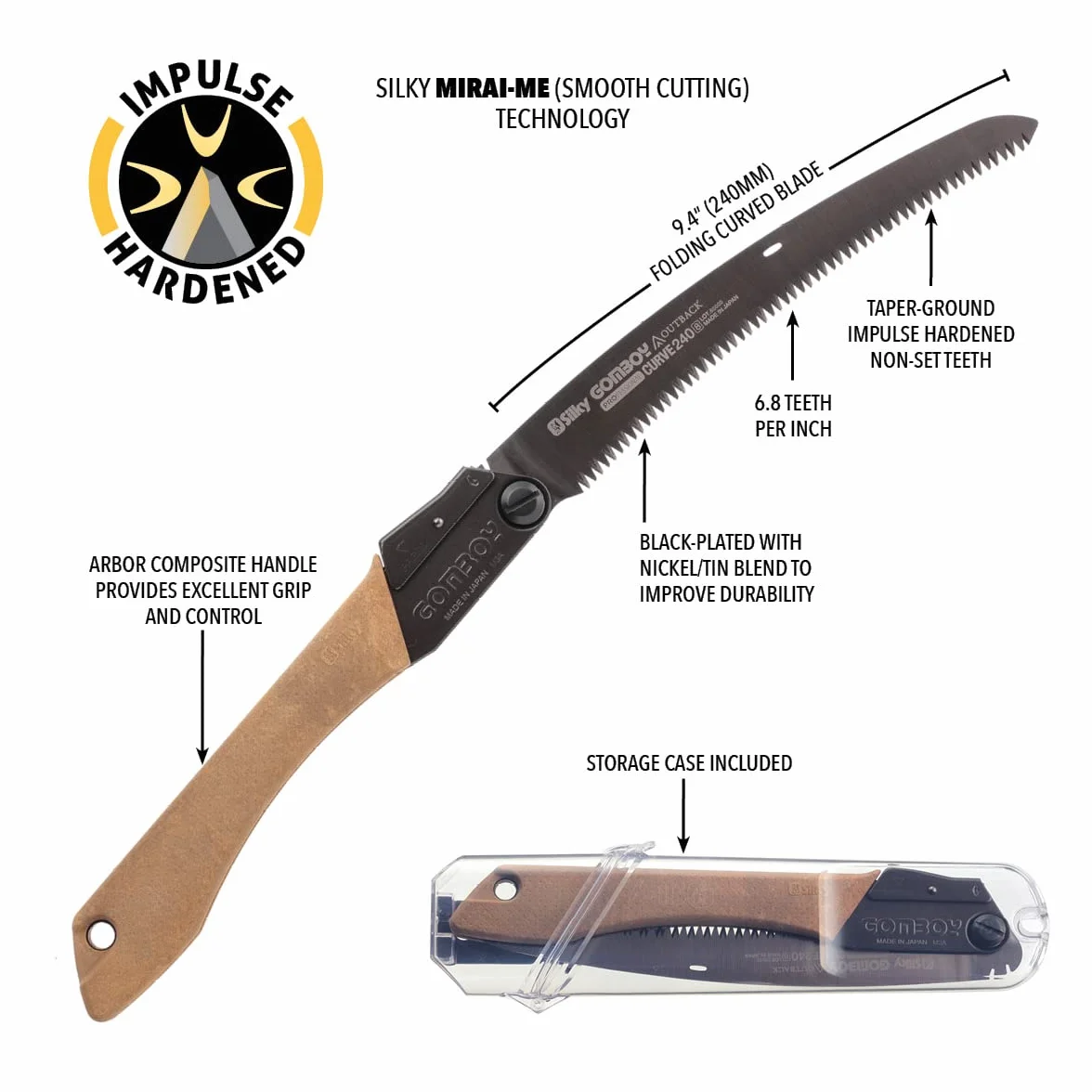 SILKY- Gomboy Curve Outback Edition 240 mm: grob verzahnte Klappsäge (8 Z/30 mm) mit gebogener Klinge aus Premium Japanese Steel, schwarzer Nickel-Zinn-Beschichtung – Bushcraft & Jagd.