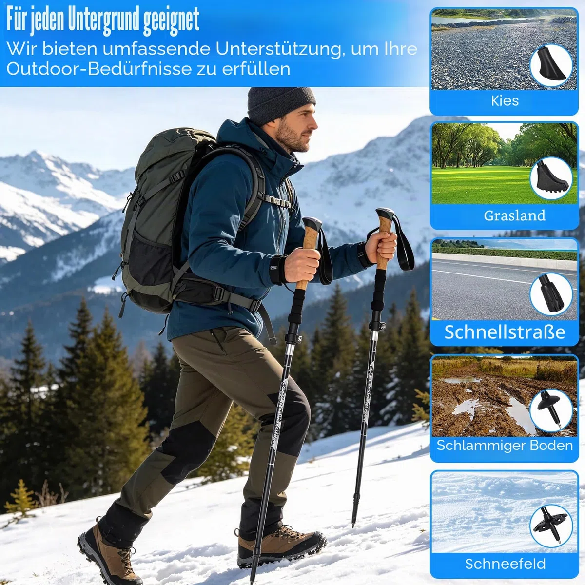 Wanderstöcke, Faltbar, Teleskopstöcke (110-130 cm), Ultraleichte Alu Trekkingstöcke oder Carbon, Walking Stöcke mit Korkgriff für Nordic Walking, Hiking Poles Klappbar für Skifahren & Bergsport