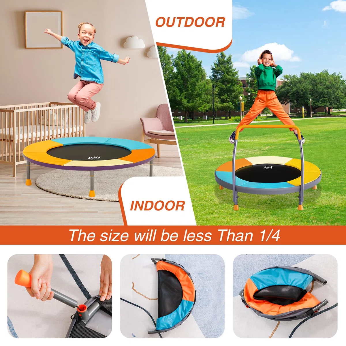 JOY SPOT! Kinder Trampolin Indoor Outdoor, Ø 91cm Faltbares Minitrampolin mit Verstellbarer Griff, Kindertrampolin Klappbar Max 68 kg, Gartentrampolin für Kleinkind Jungen, Mädchen ab 3 4 5 6 7 Jahren