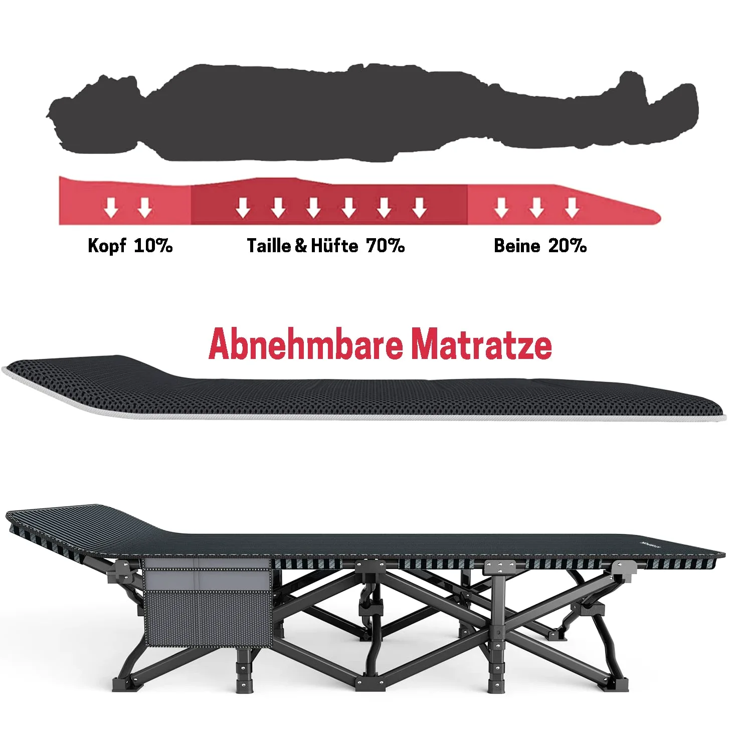 ATORPOK SHOP Campingbett feldbett klappbar, Faltbar Gästebett bis 200 kg für, Belastbar Tragbar Tasche Liege Reise Bequem