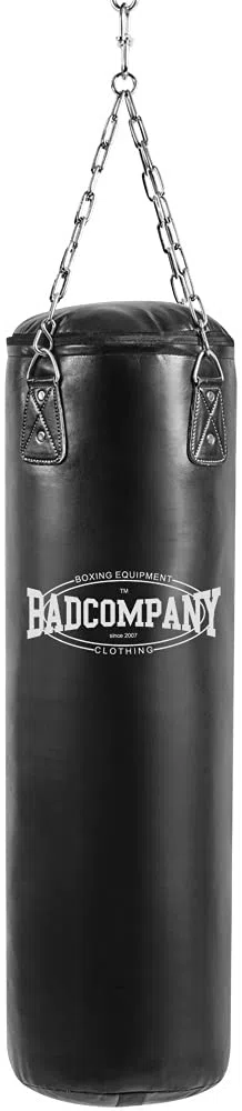Bad Company Boxsack inkl. Heavy Duty Vierpunkt-Stahlkette I Vinyl Punching Bag, gefüllt/ungefüllt I 80/100/120/150/180 x 35 cm - Schwarz