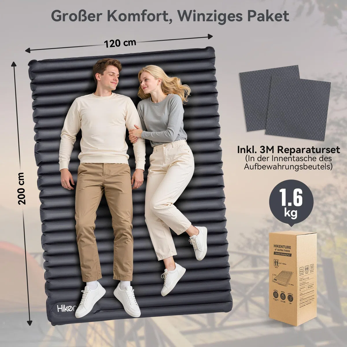 HIKENTURE Doppel Isomatte Ultraleicht, Camping Isomatte für 2 Personen Aufblasbar, Luftmatratze Schlafmatte, Navyblau