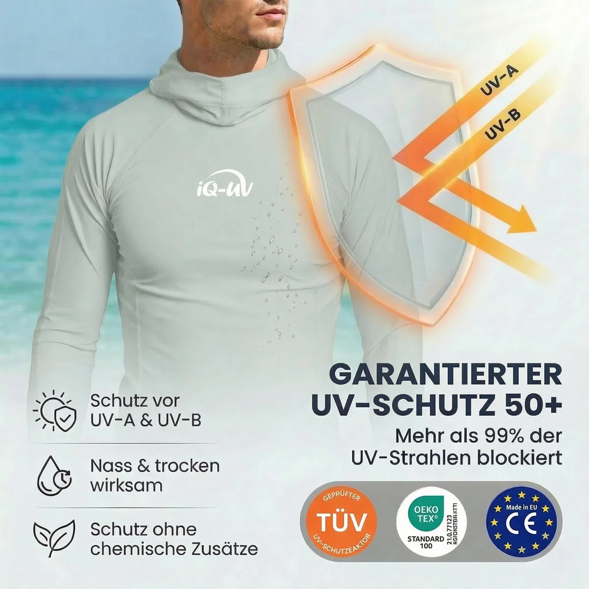 iQ-UV Shirt für Herren Kapuzenshirt Langarm – Rashguard für Herren mit UPF 50+ Sonnenschutz für Aktiv- und Wassersport – Schwimmshirt für Männer – Atmungsaktiv und schnelltrocknend