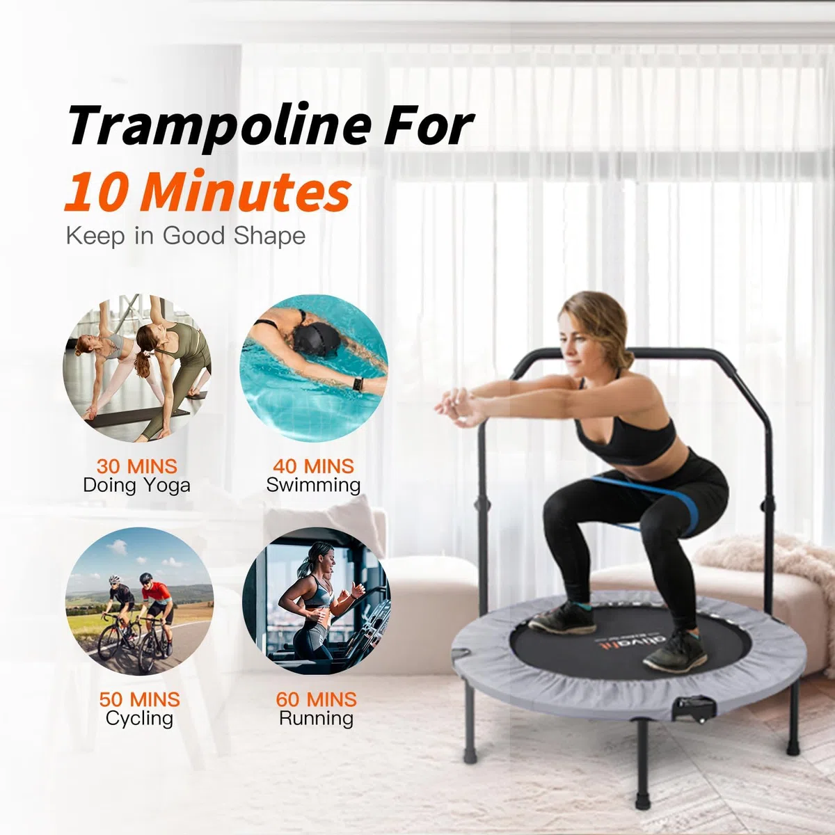 ATIVAFIT 102cm Faltbarer Trampolin mit verstellbarem Schaumstoffgriff Indoor für Erwachsene Ideal für Körperfitness-Training in Innenräumen Training Sport zuhause