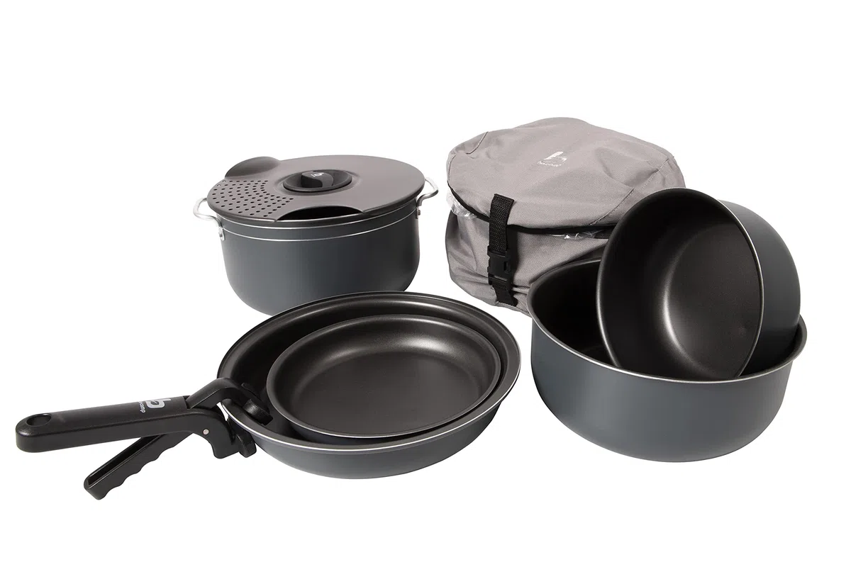 Bo-Camp 2300350 Kochset Camping Aluminium Trekking Kochgeschirr Alu Topf Pfanne 7-teilig , 1,1/2,5/4,4 L