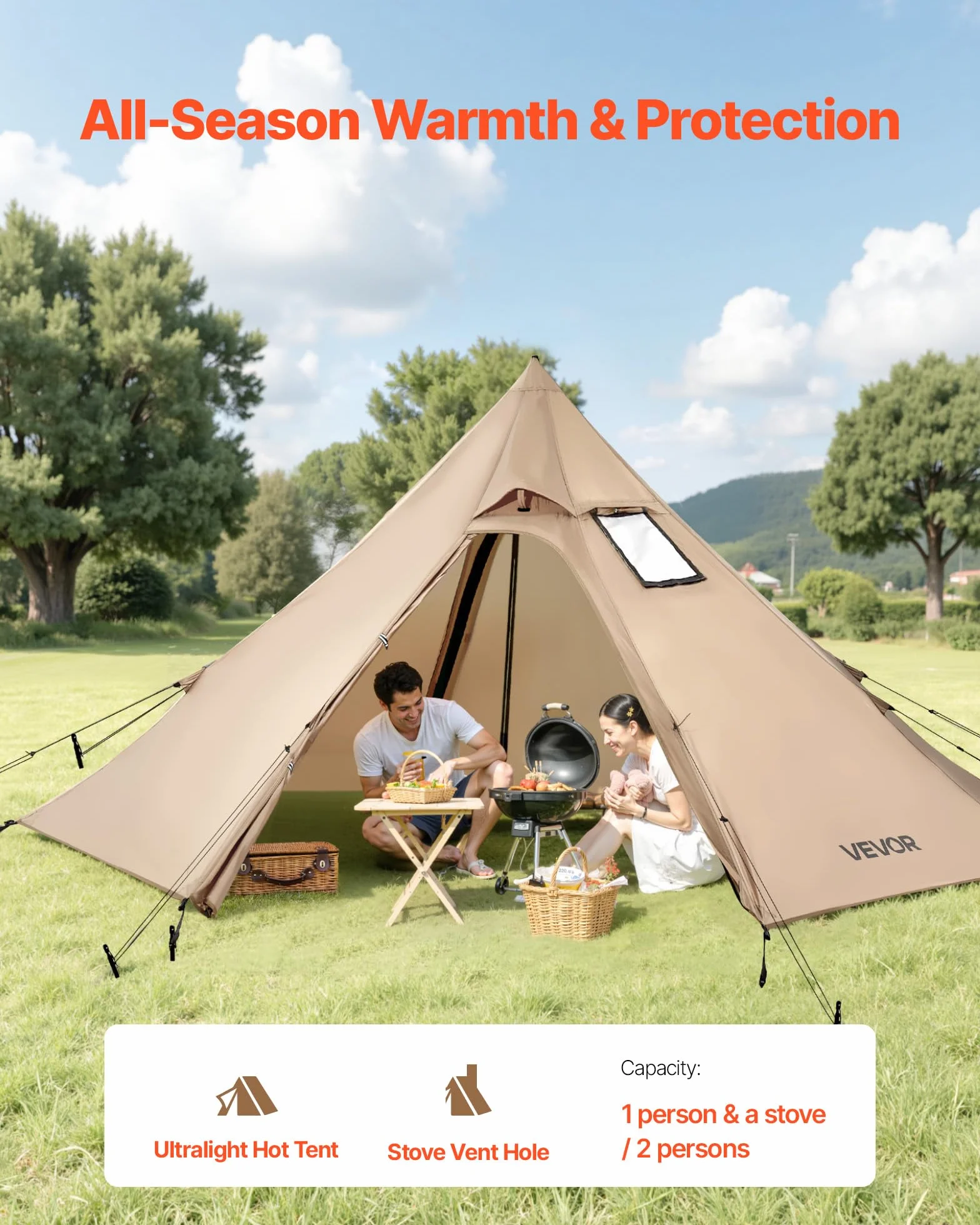 VEVOR Tipi Zelt für 2 Personen, tragbares Winterzelt mit Ofenanschluss, Campingzelte, leichte 4-Jahreszeiten-Schutzzelte, Firstzelt, zum Wandern, Angeln und Rucksackreisen, Größe S