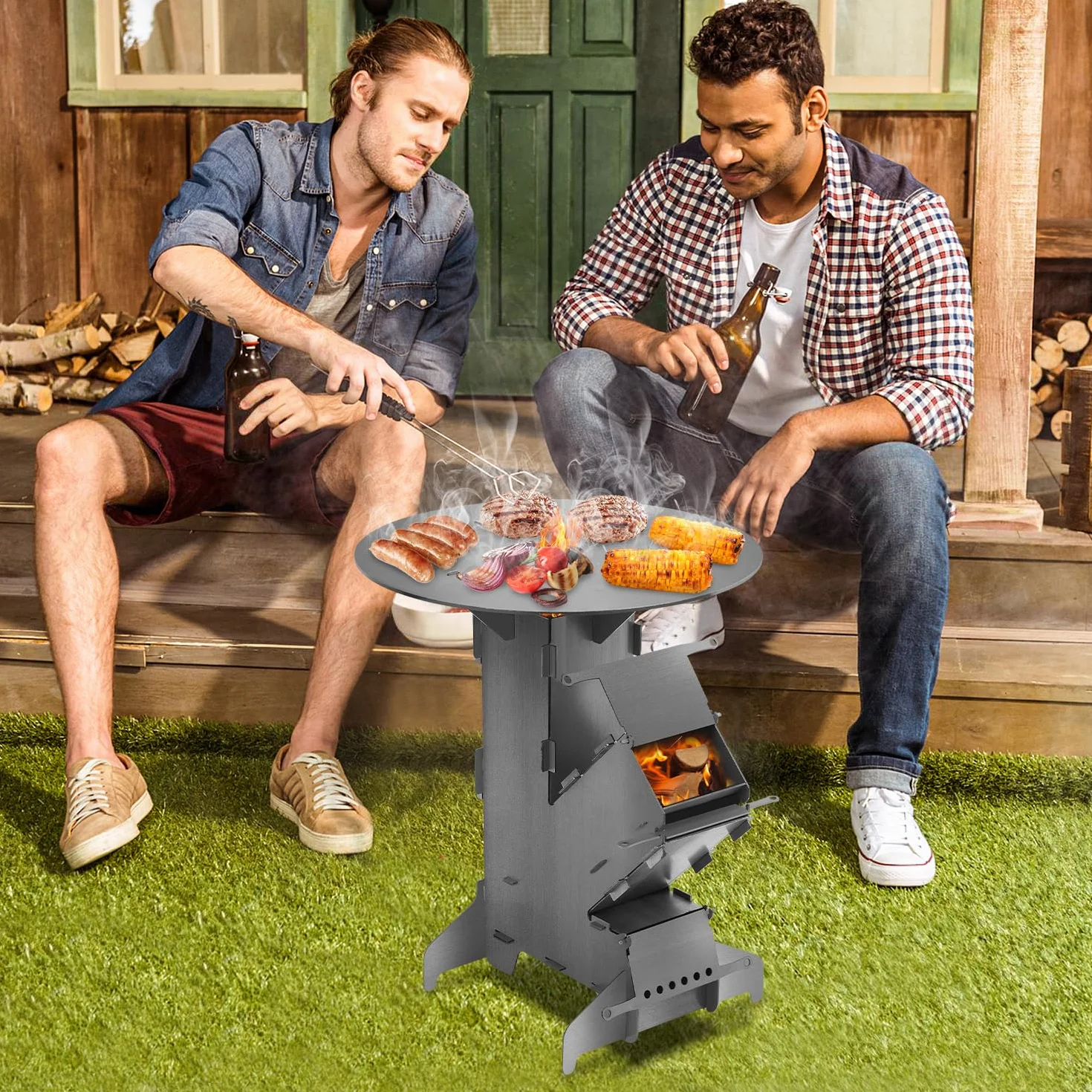 Raketenofen mit Grillplatte und Feuerhaken, Rocket Stove Outdoor, Stecksystem, 3 mm dickem Stahl, Holzofen Campingofen Pelletofen für Dutch Oven BBQ