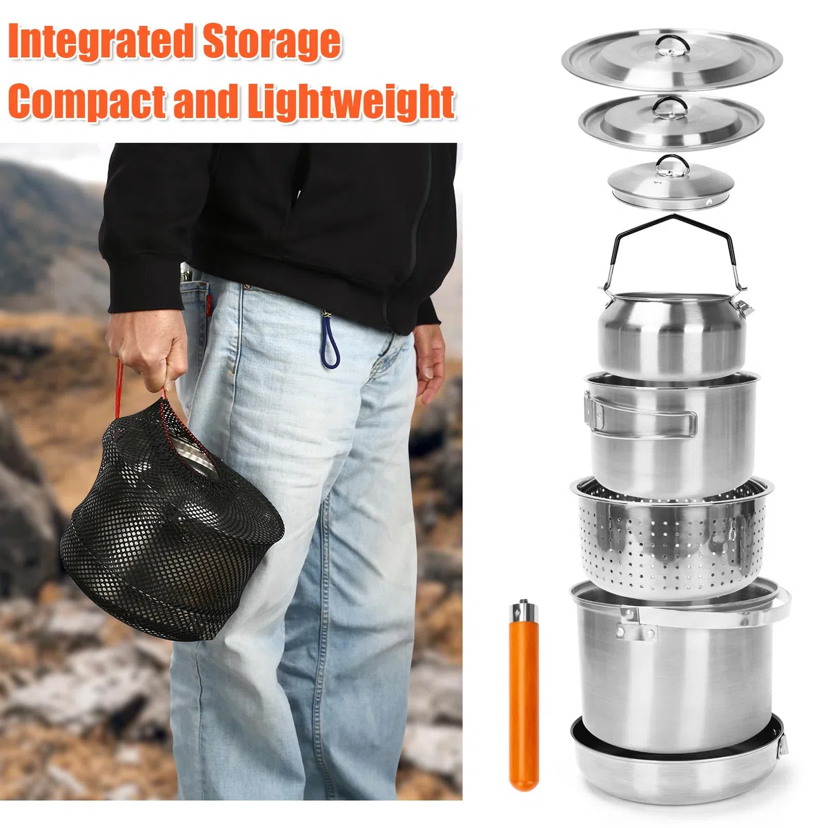 GFTIME Camping Kochset Camping Kochgeschirr aus Edelstahl, Camping Topf Pfanne Set, Camping Töpfe für Campingkocher, 5-teilig