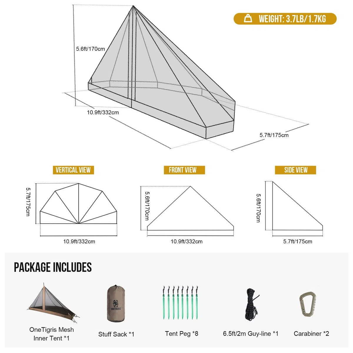 OneTigris Rock Fortress 2-3 Personen Halbkuppel Mesh Innenzelt mit 4000mm Zelt Wannenboden für Camping Wandern für 4-6 Personen Pyramidenzelt