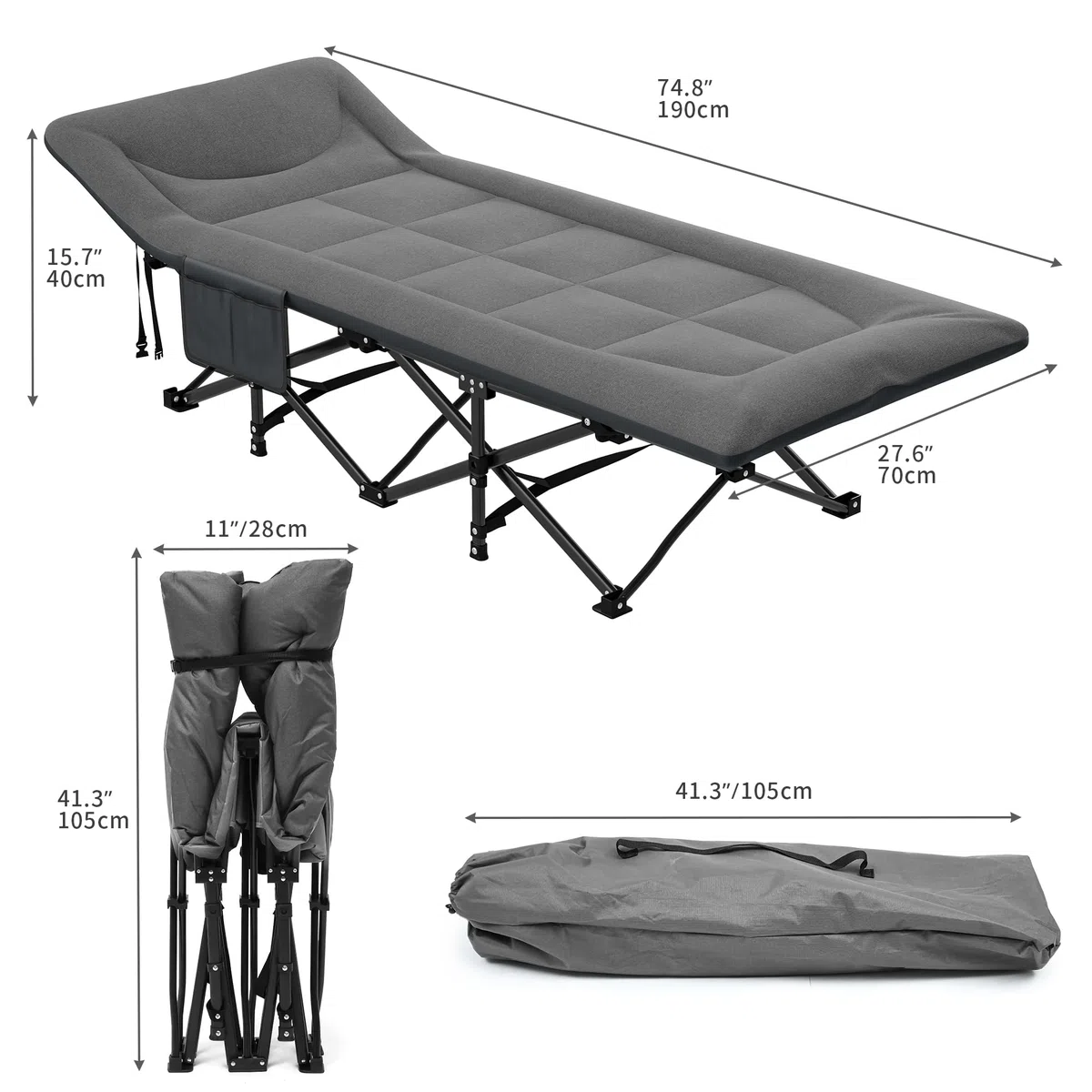 YITAHOME Feldbett Klappbar für Erwachsene, Robustes Campingbett mit Einer Traglast von 260 kg, Starkes Gestell mit Dickeren Rohren, Feldbett mit Tragetasche für Reisen/Büro/Outdoor, Grau