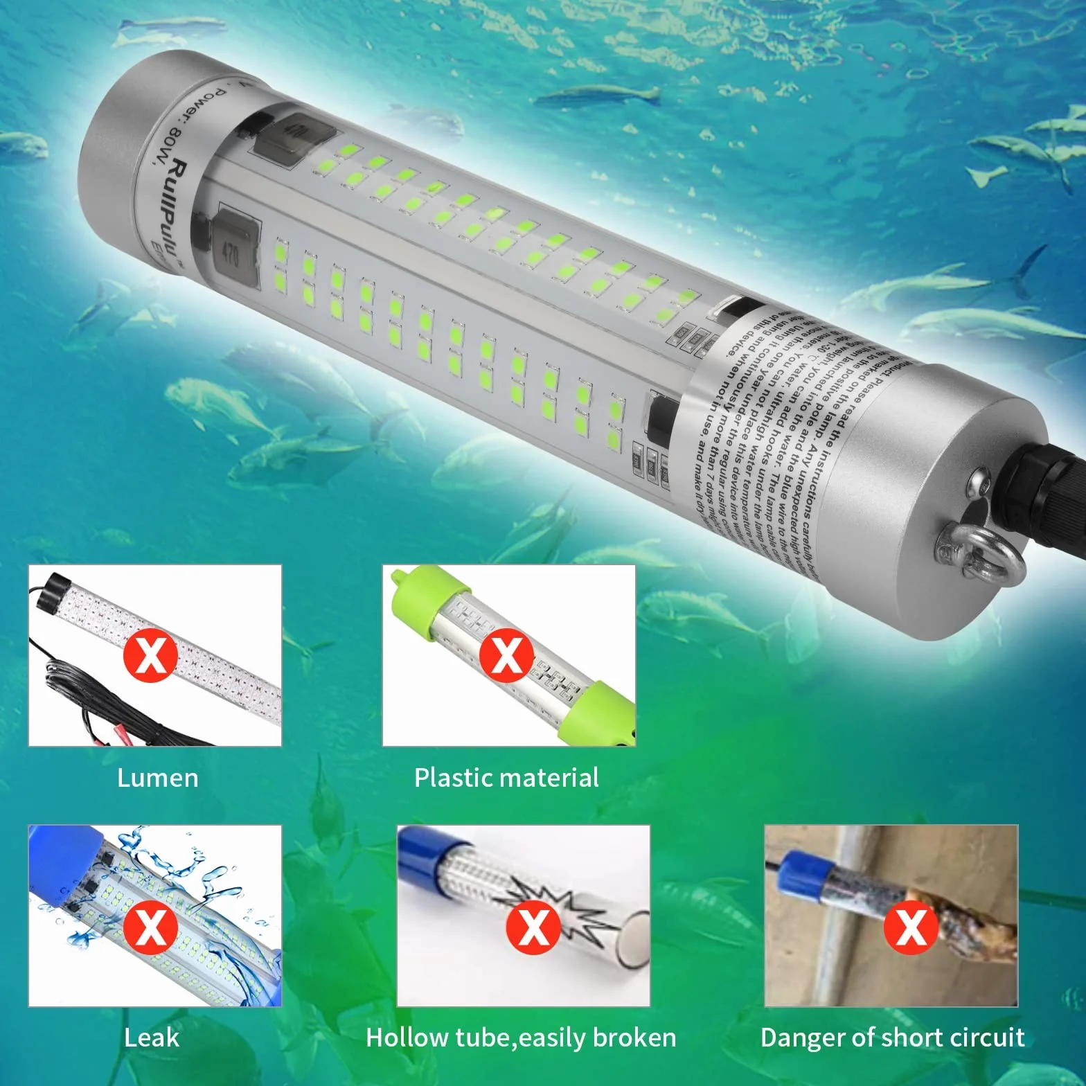80W 9600 Lumen superhelle Fischköder Unterwasser LED Angellicht (Grün) | IP68 wasserdichte Fischattraktor lampe Fischauge Köder Licht für Boot, Meer, Eisfischen, Süßwasser und Salzwasser grünes