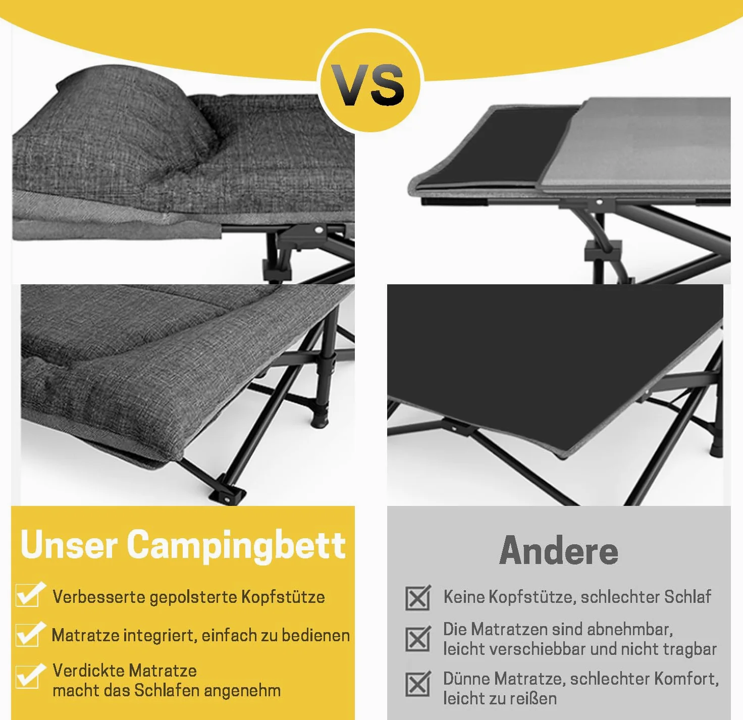ATORPOK SHOP Campingbett feldbett klappbar, Faltbar Gästebett bis 200 kg für, Indoor, Outdoor, Strand und Garten (grau)