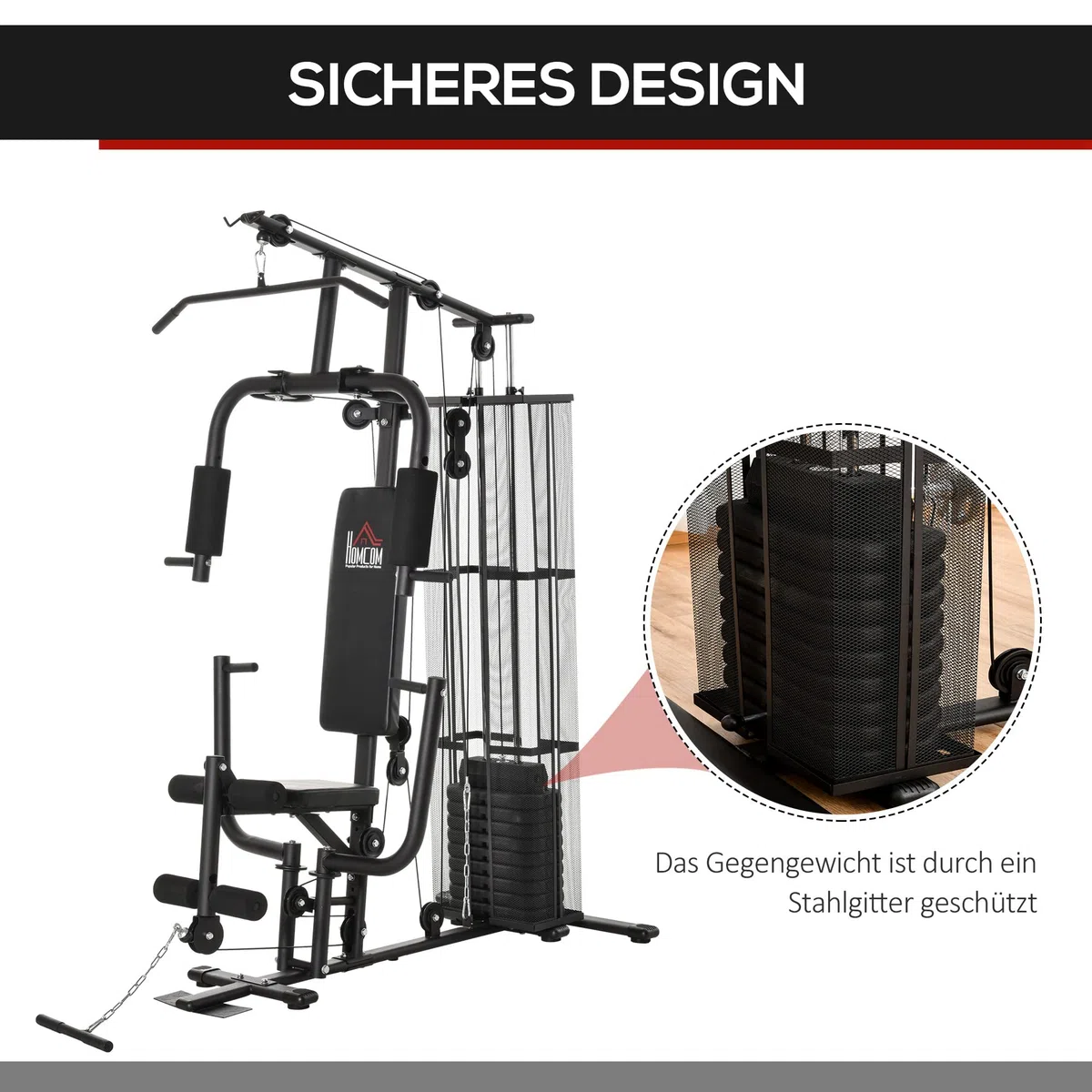 HOMCOM Kraftstation Fitnessstation Fitnessgerät bis 120kg Multifunktion Krafttraining Multistation Trainingsstation mit Latzug Butterflystange 45kg Gewichten Seil, Fitnessgeräte für Zuhause