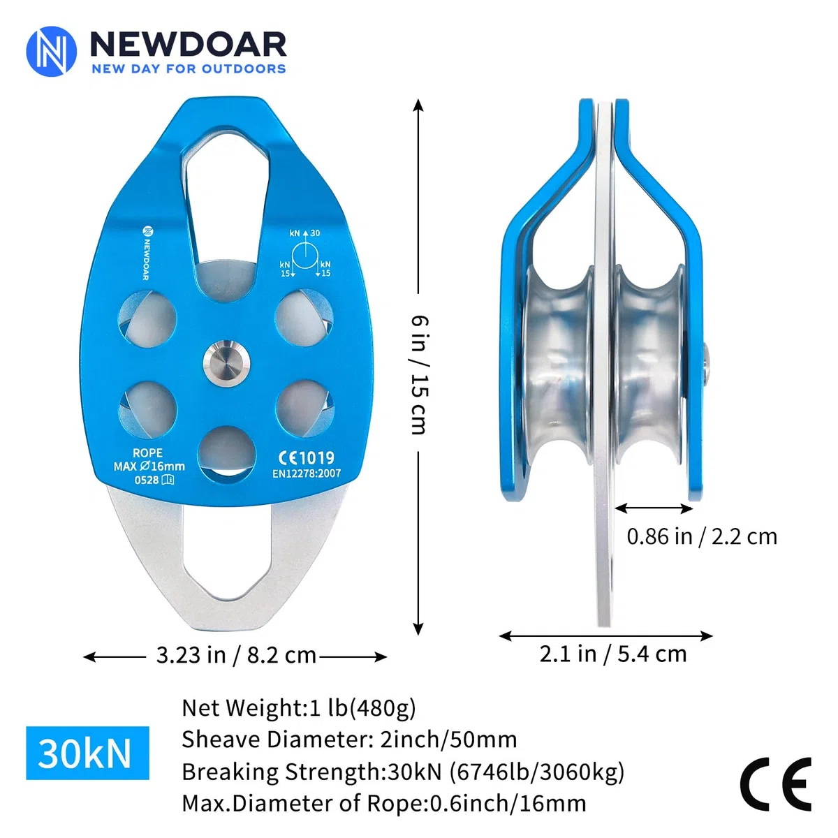 NewDoar 30KN Seilrolle Umlenkrolle Einzel-/Doppelrolle CE-Zertifiziert für Seile max 16 mm mit Schwenkplatte